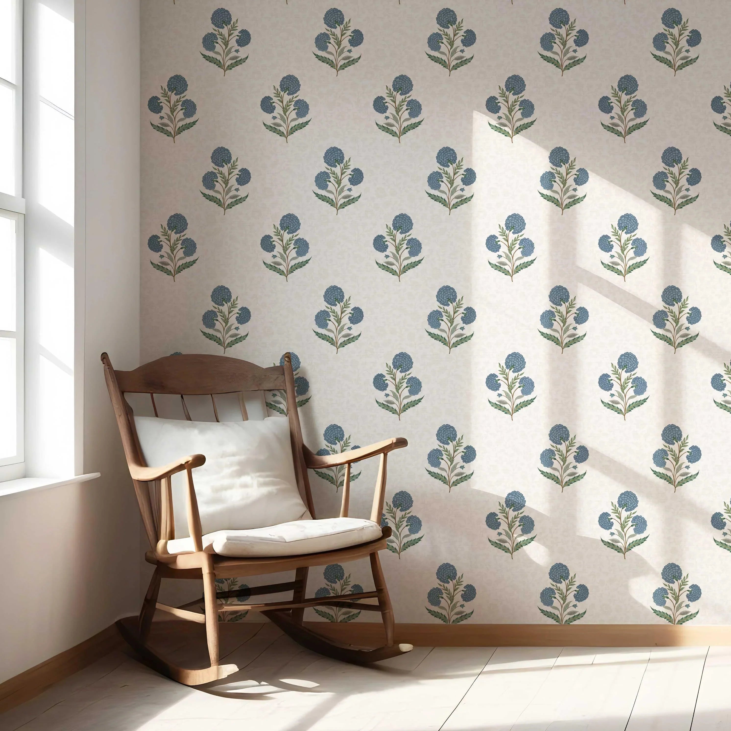 Floral Block Print Nursery Wallpaper Sample (Blue/ Green/ Soft Taupe)