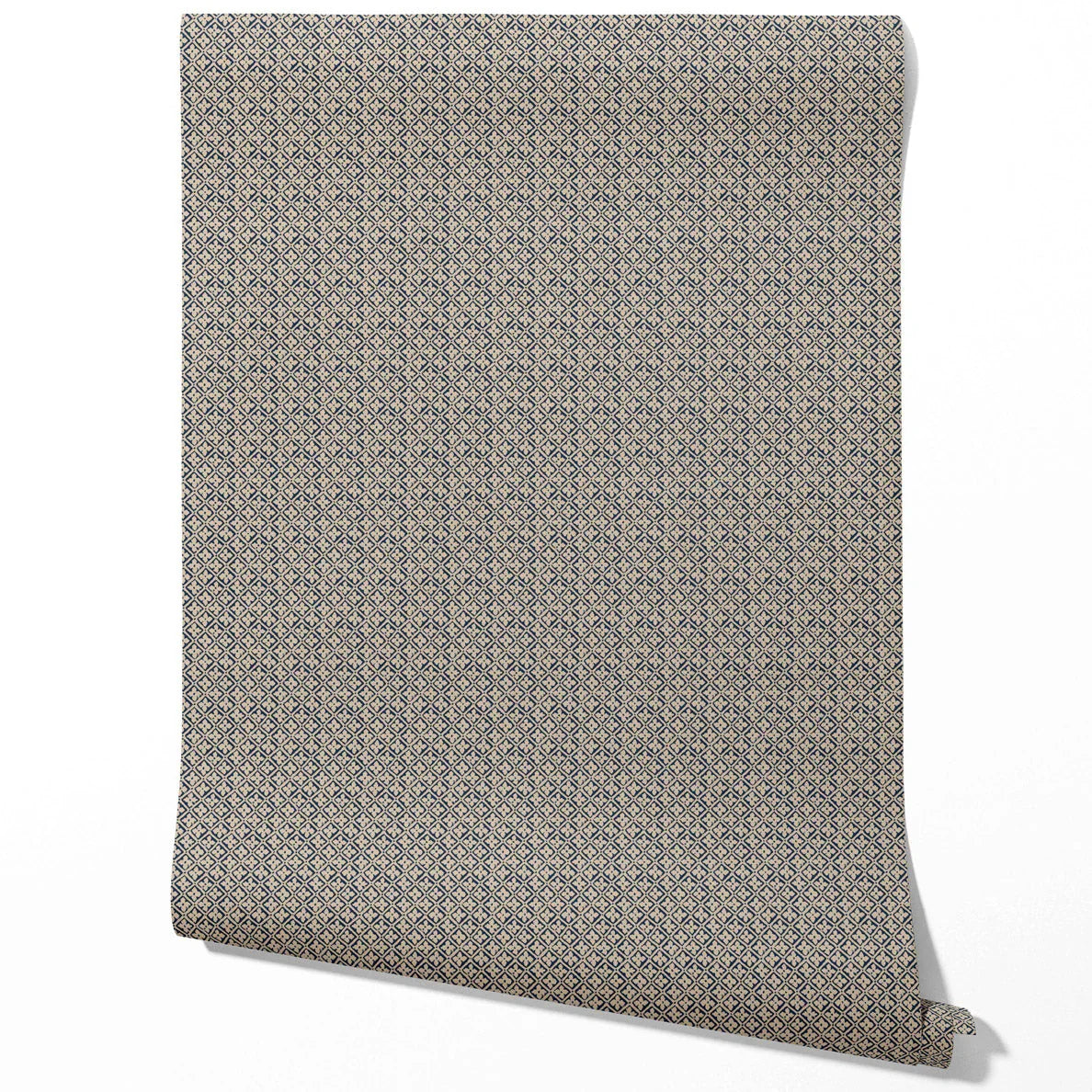 Small Floral Lattice/ Geometric Micro-Print Traditional Wallpaper Sample (Navy Blue/ Beige)