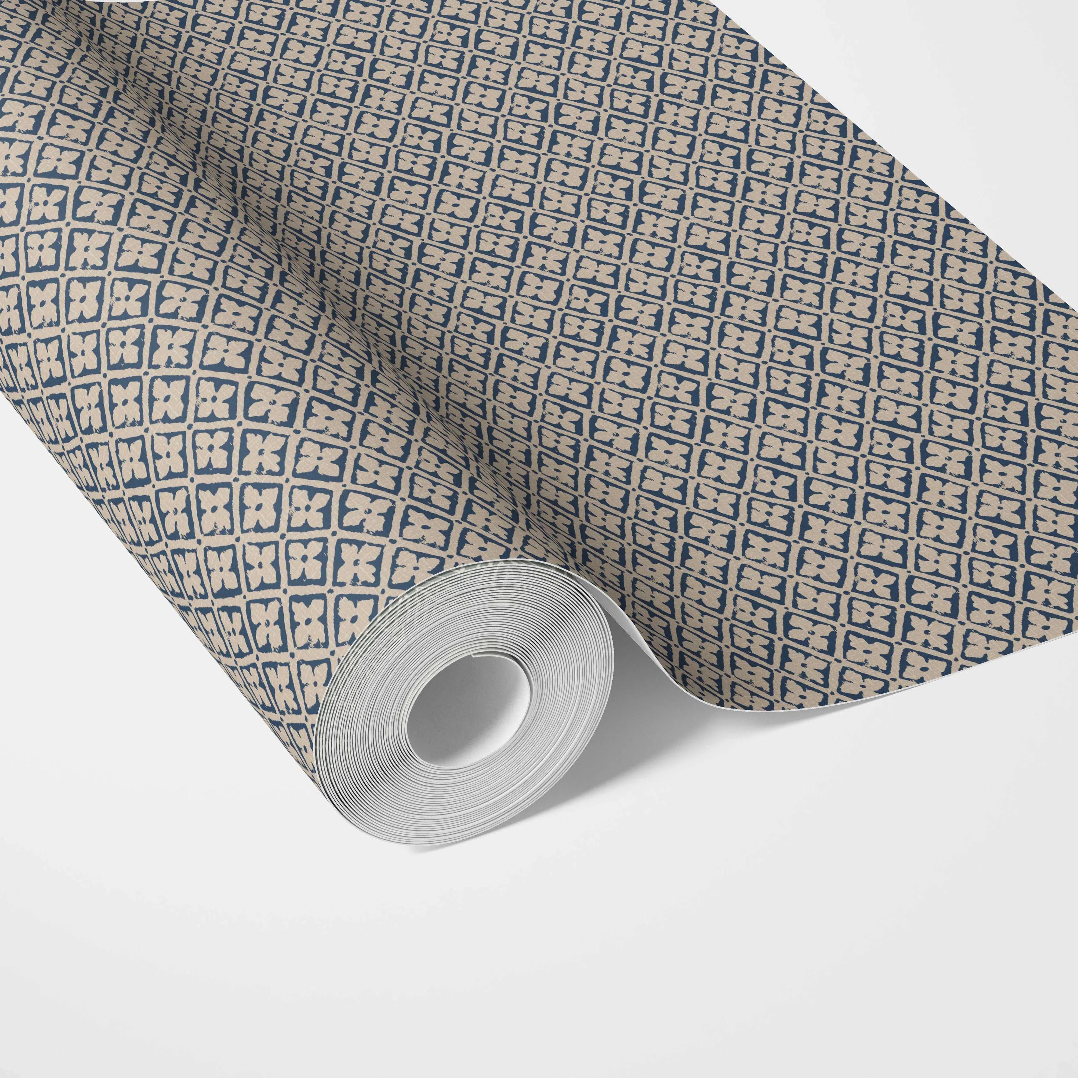Small Floral Lattice/ Geometric Micro-Print Kitchen Wallpaper (Navy Blue/ Beige)