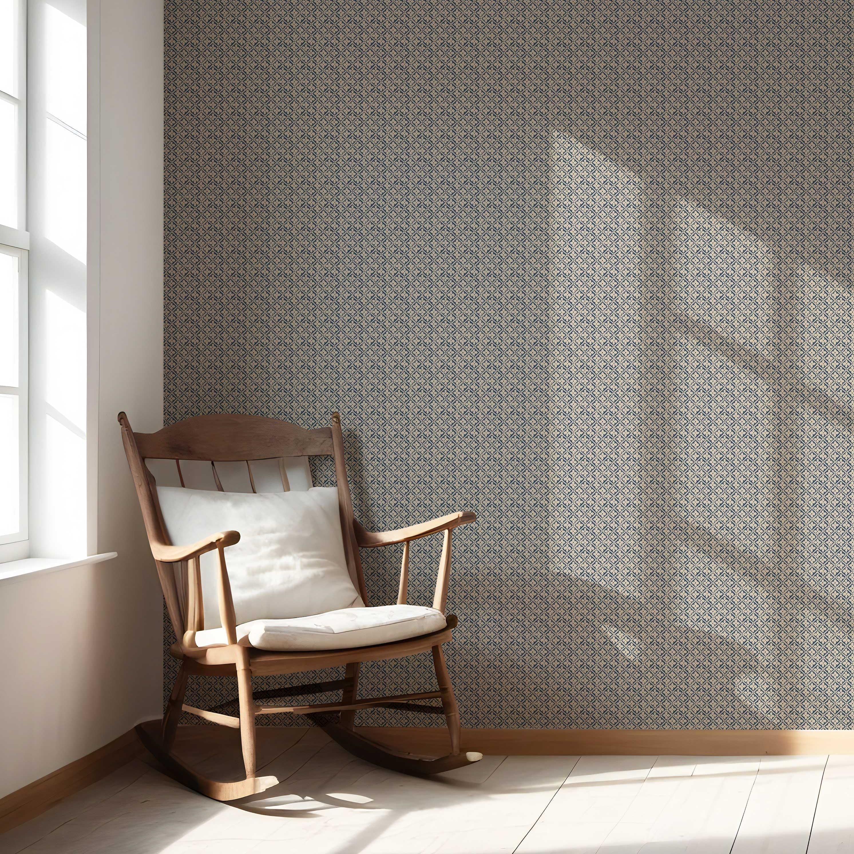 Small Floral Lattice/ Geometric Micro-Print Bathroom Wallpaper Sample (Navy Blue/ Beige)
