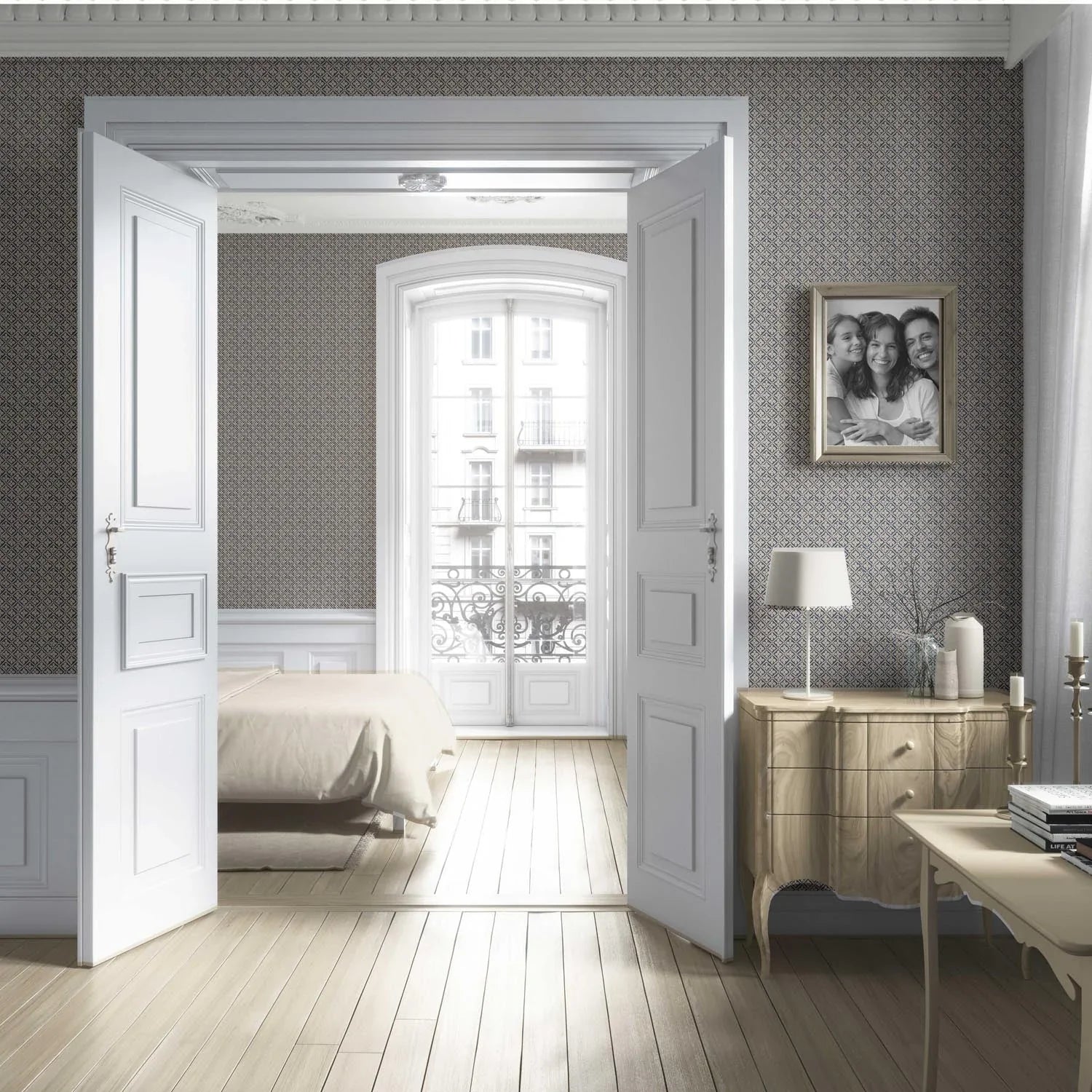 Small Floral Lattice/ Geometric Micro-Print Nursery Wallpaper (Navy Blue/ Beige)