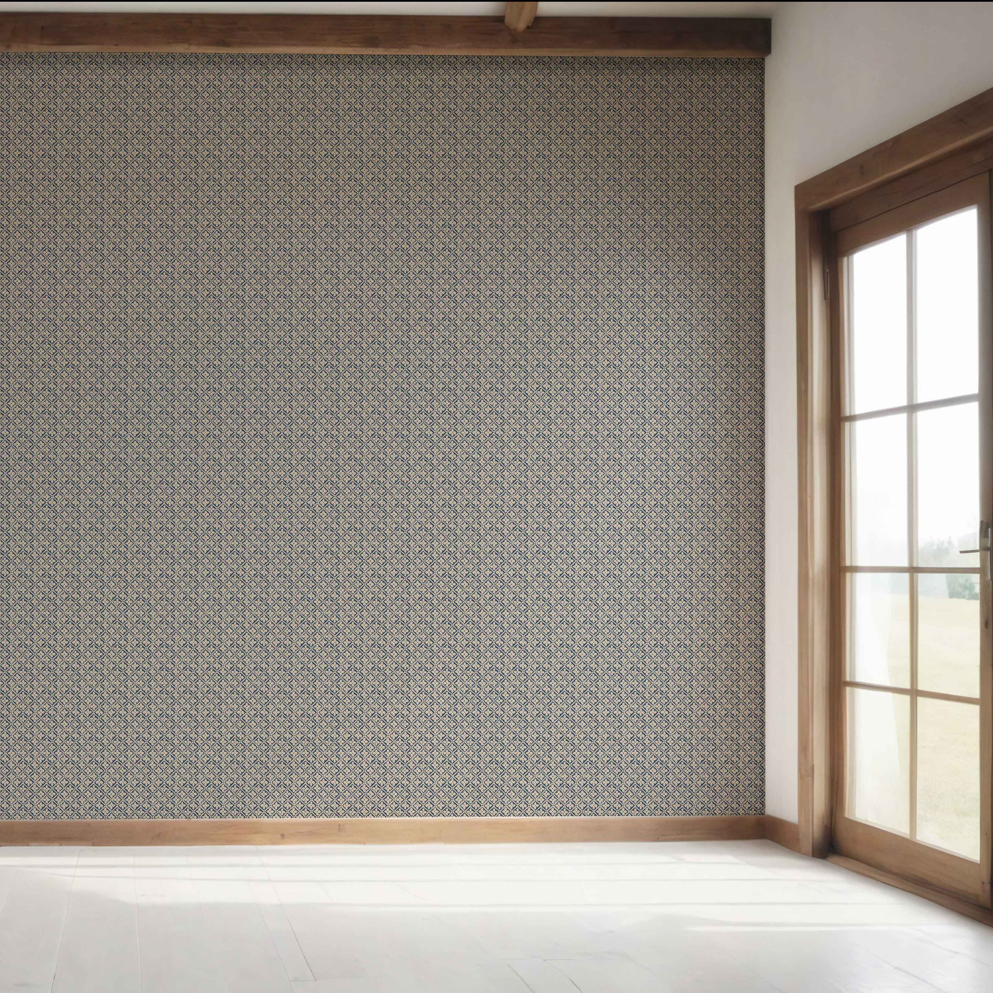 Small Floral Lattice/ Geometric Micro-Print Bedroom Wallpaper Sample (Navy Blue/ Beige)