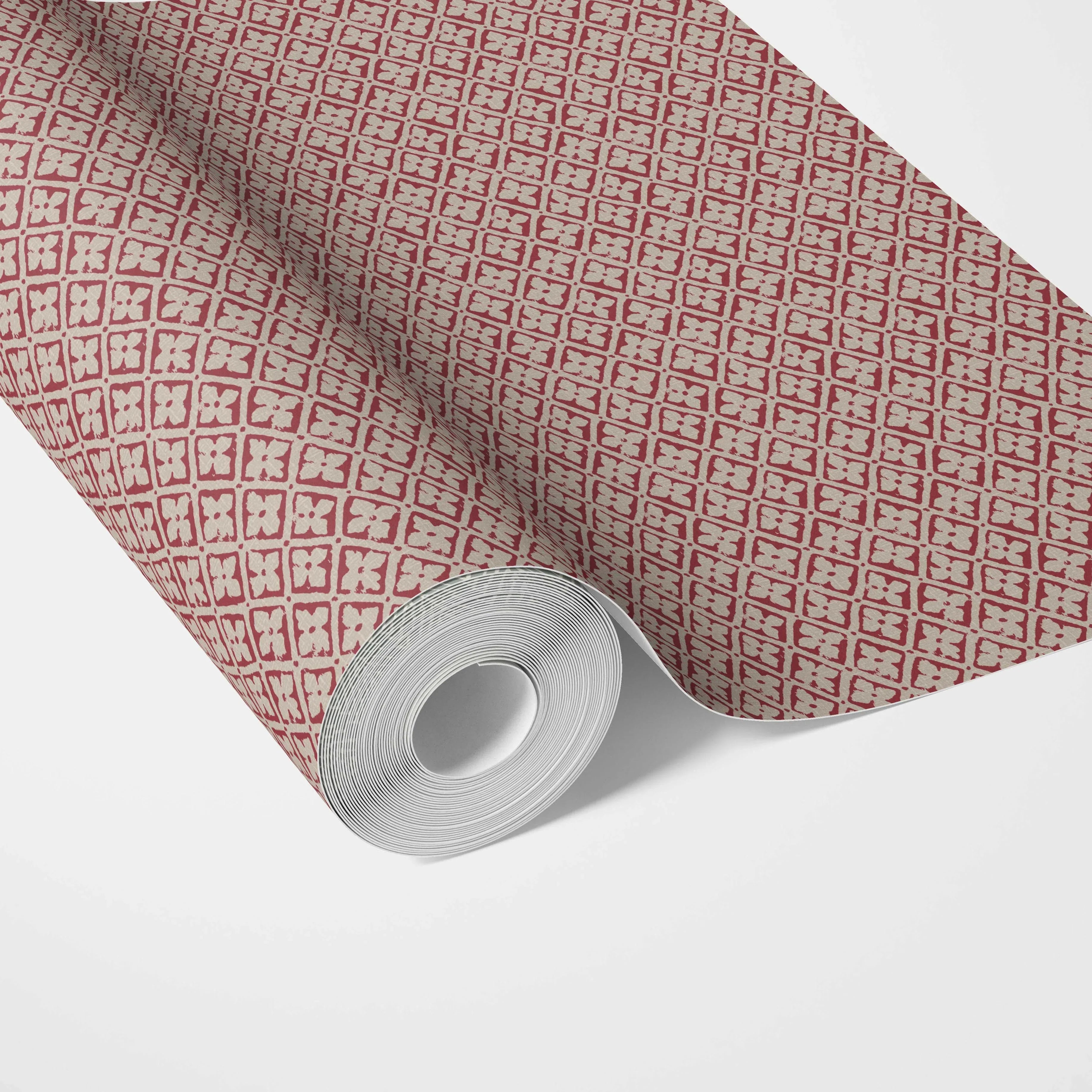 Small Floral Lattice/ Geometric Micro-Print Kitchen Wallpaper Sample (Deep Red/ Maroon/ Beige)