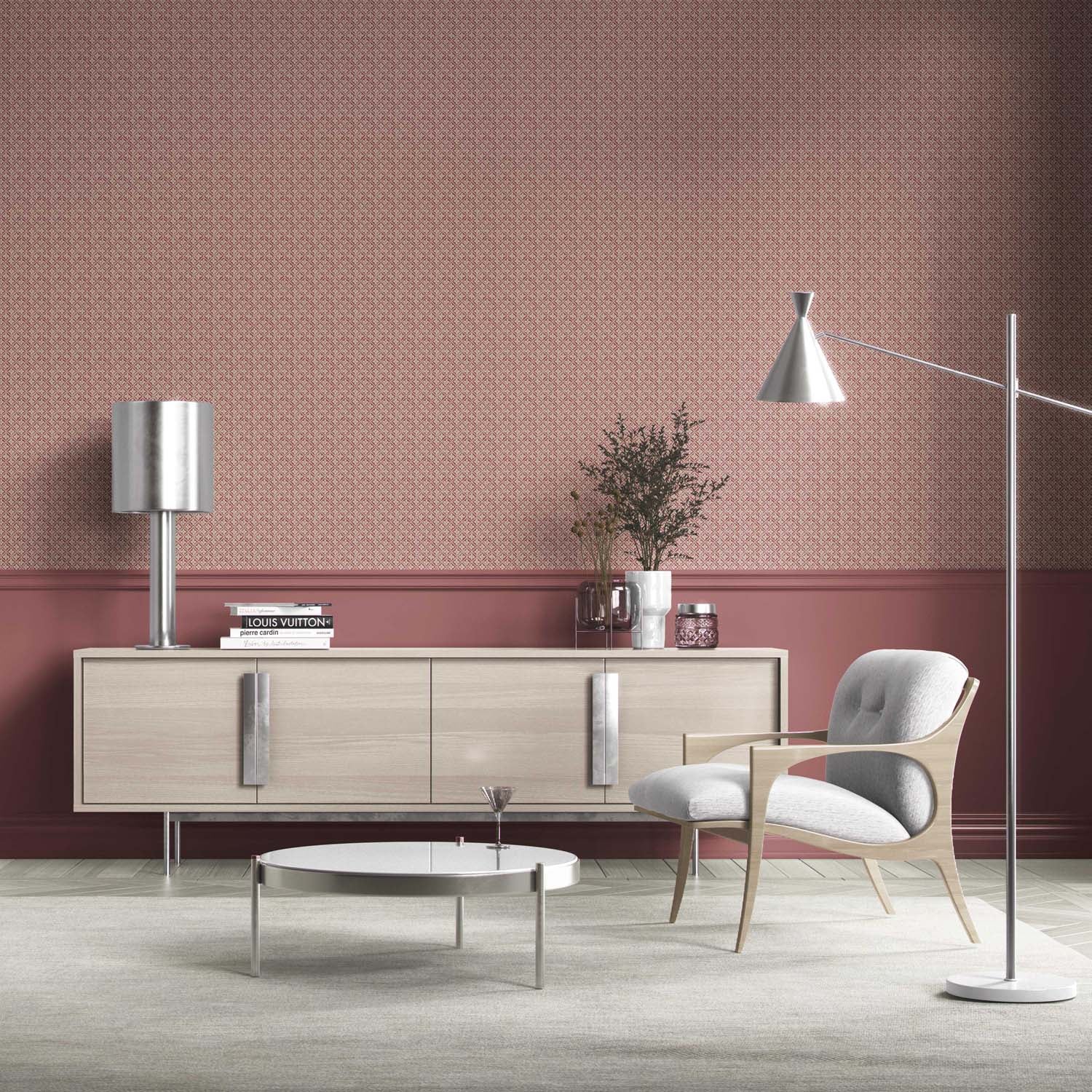 Small Floral Lattice/ Geometric Micro-Print Living Room Wallpaper Sample (Deep Red/ Maroon/ Beige)
