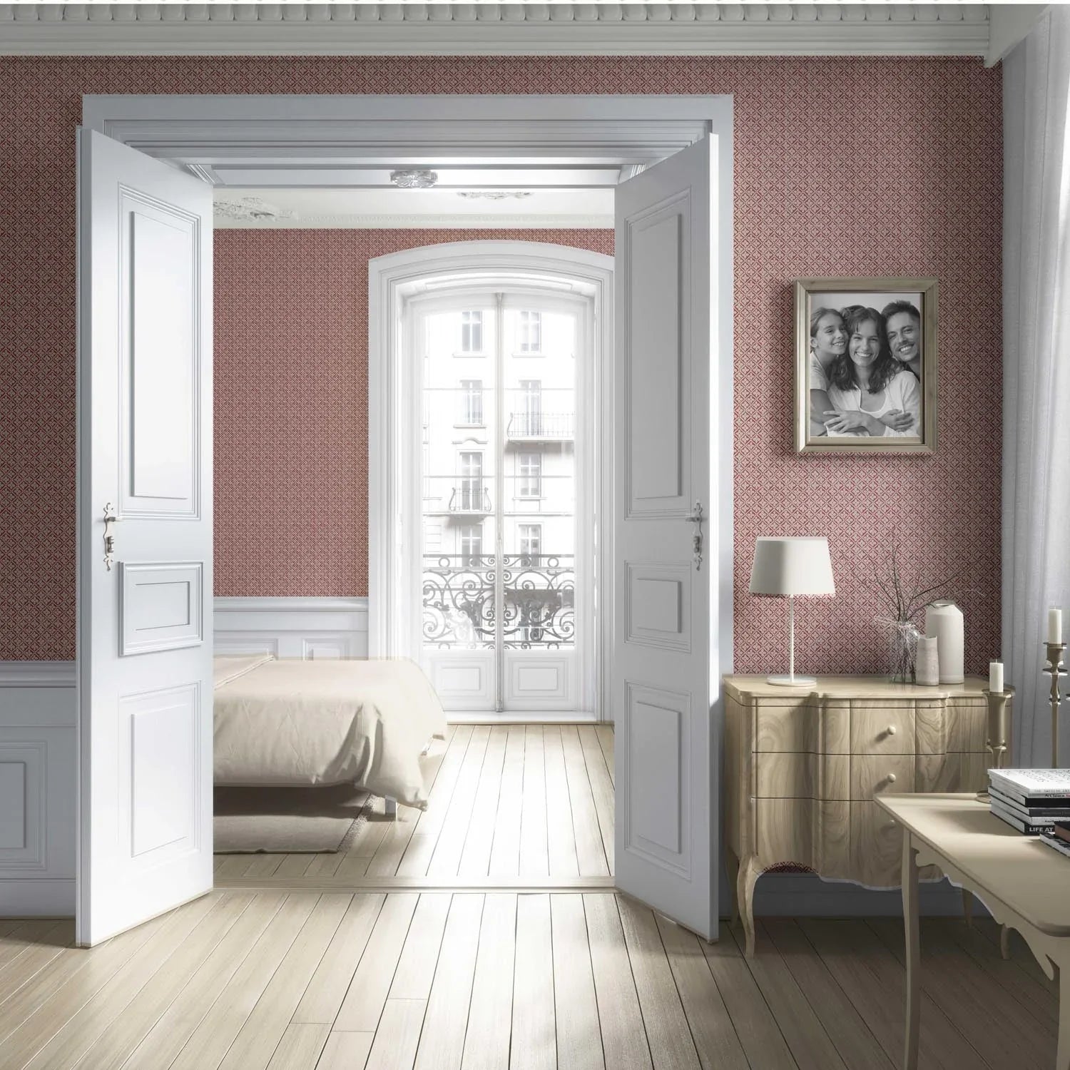 Small Floral Lattice/ Geometric Micro-Print Nursery Wallpaper Sample (Deep Red/ Maroon/ Beige)