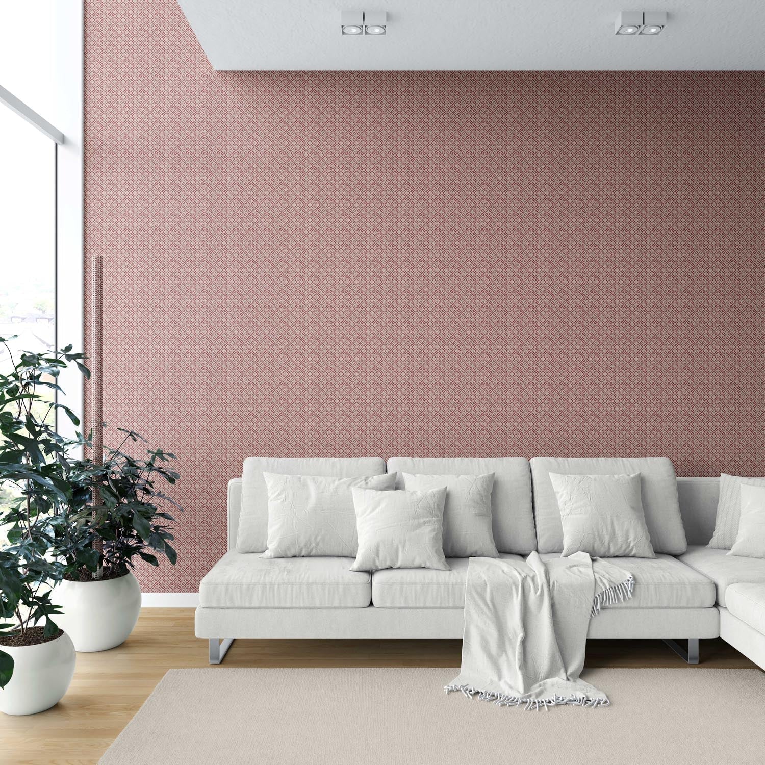 Small Floral Lattice/ Geometric Micro-Print Shower Toilet Wallpaper Sample (Deep Red/ Maroon/ Beige)
