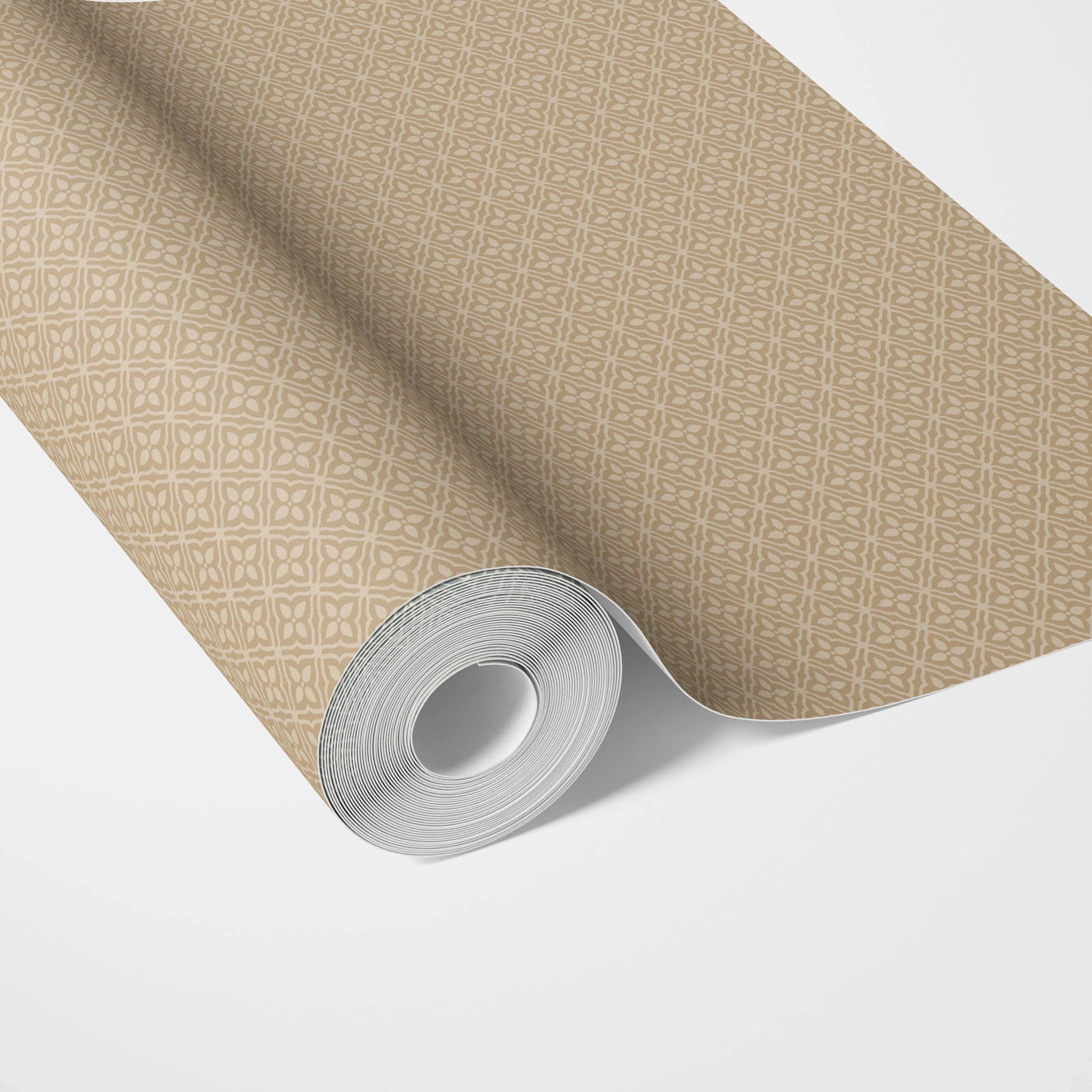 Neutral Small Floral Lattice/ Geometric Micro-Print Traditional Wallpaper Sample (Wheat Beige/ Tan Brown)