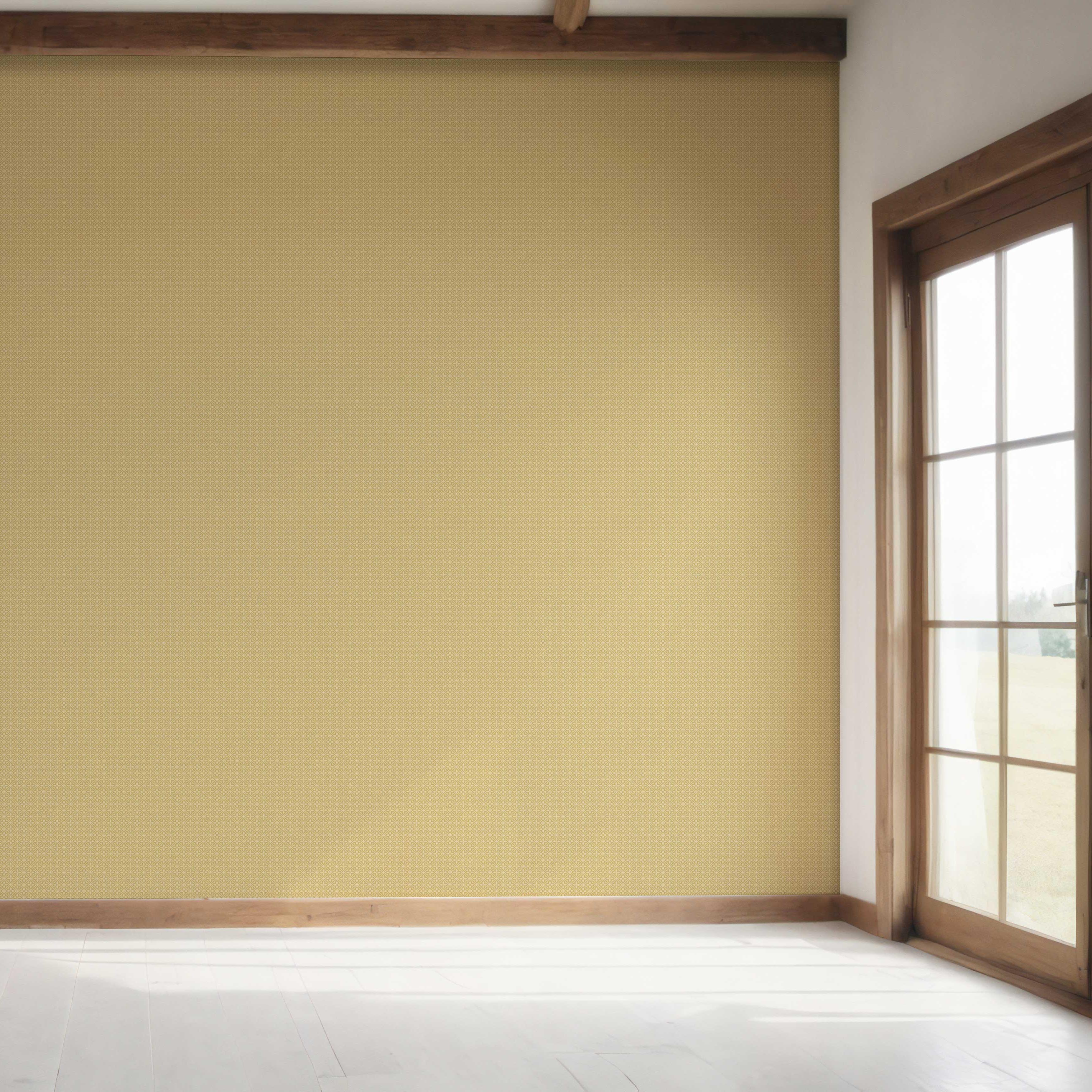 Small Floral Lattice/ Geometric Textured Bedroom Wallpaper (Yellow)