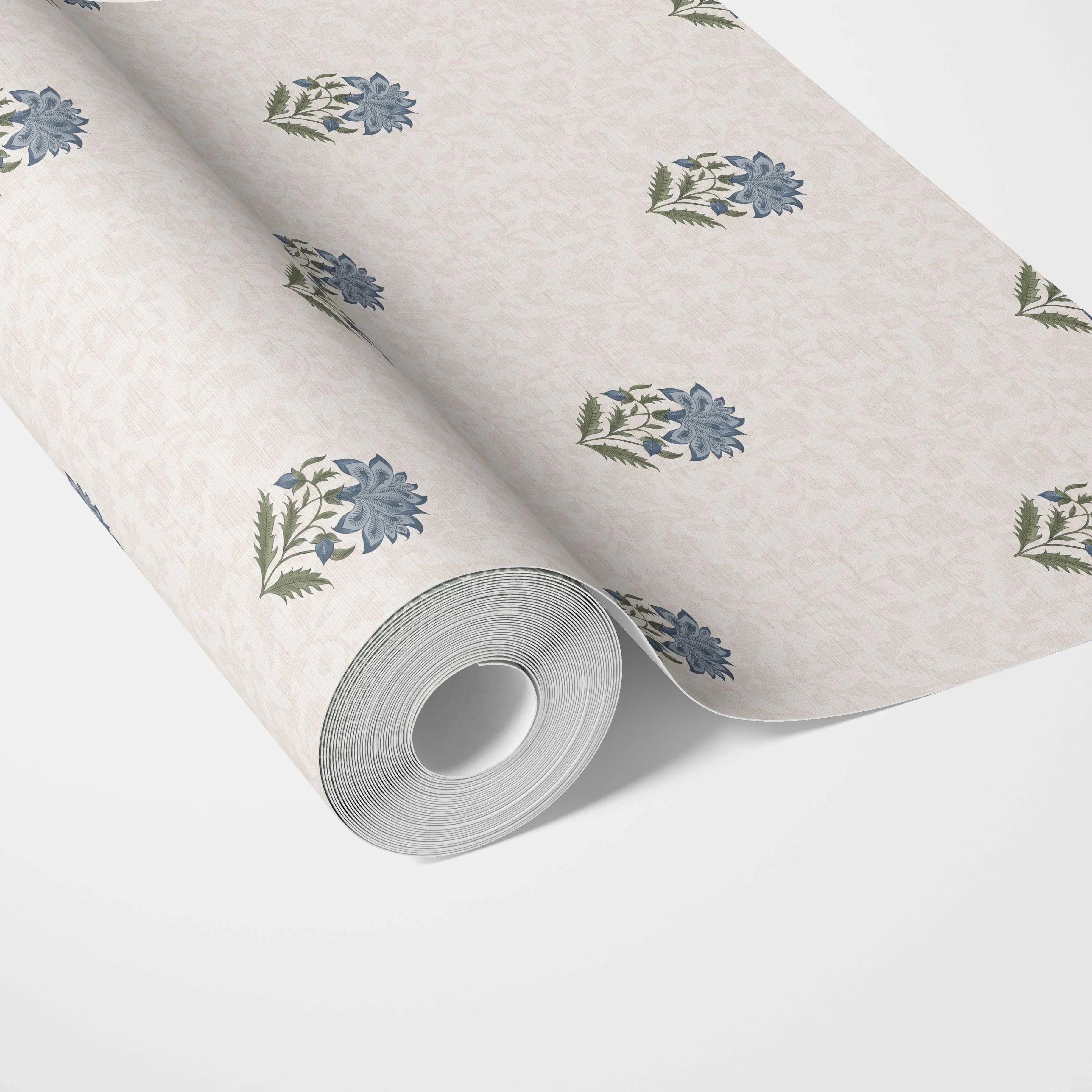 Botanical/ Floral Block Print Kitchen Wallpaper Sample (Blue/ Green/ Taupe)