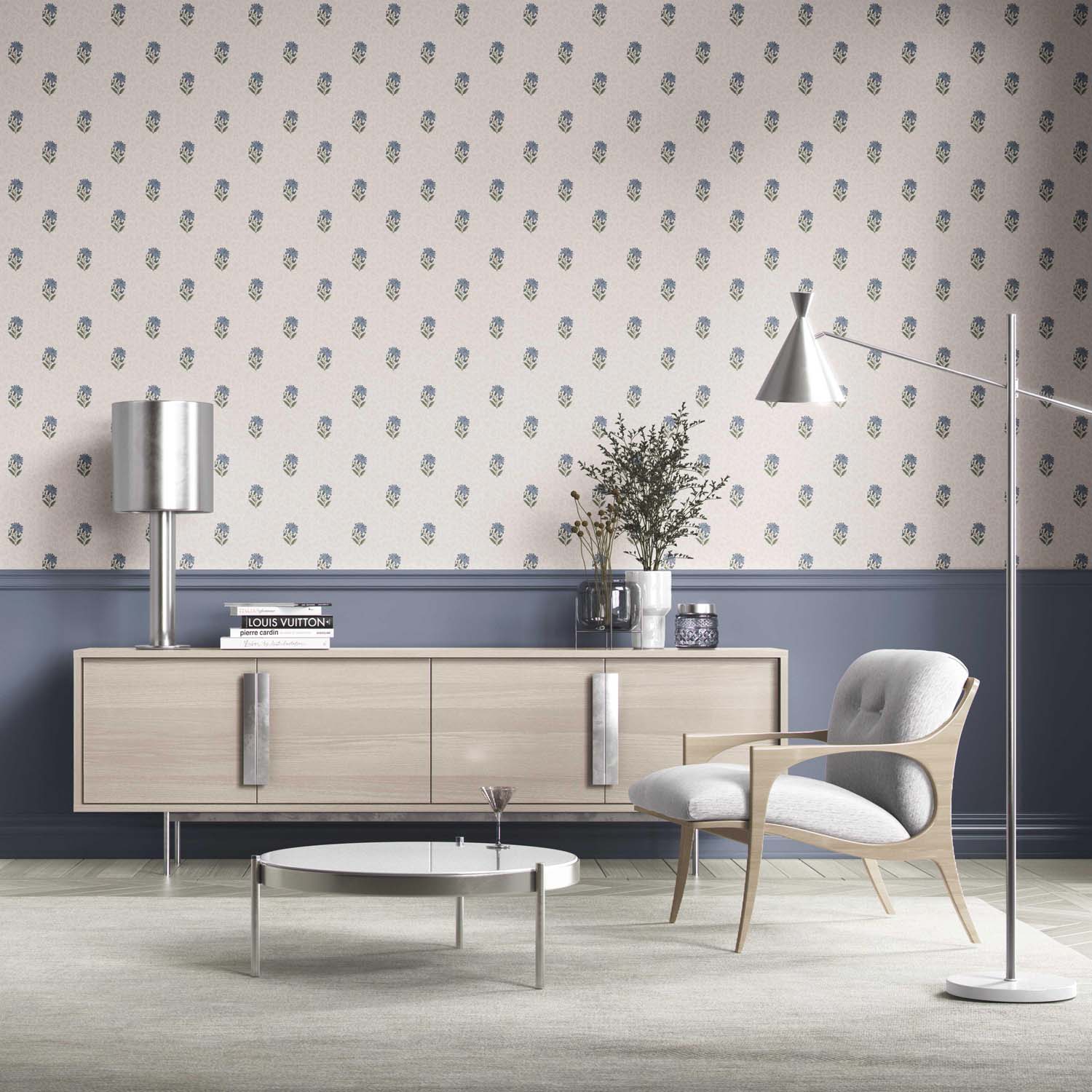 Botanical/ Floral Block Print Bathroom Wallpaper Sample (Blue/ Green/ Taupe)