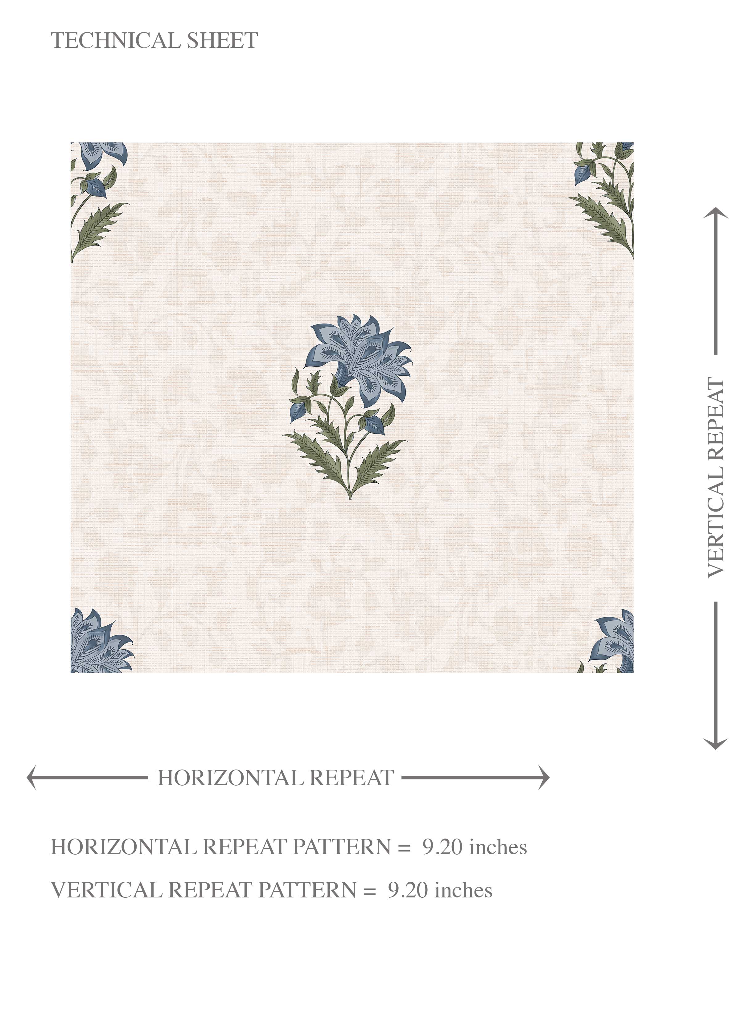 Botanical/ Floral Block Print Kids Room Wallpaper Sample (Blue/ Green/ Taupe)