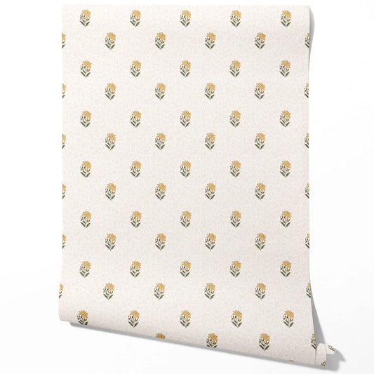 Botanical/ Floral Block Print Traditional Wallpaper Sample (Yellow/ Green/ Soft Taupe)