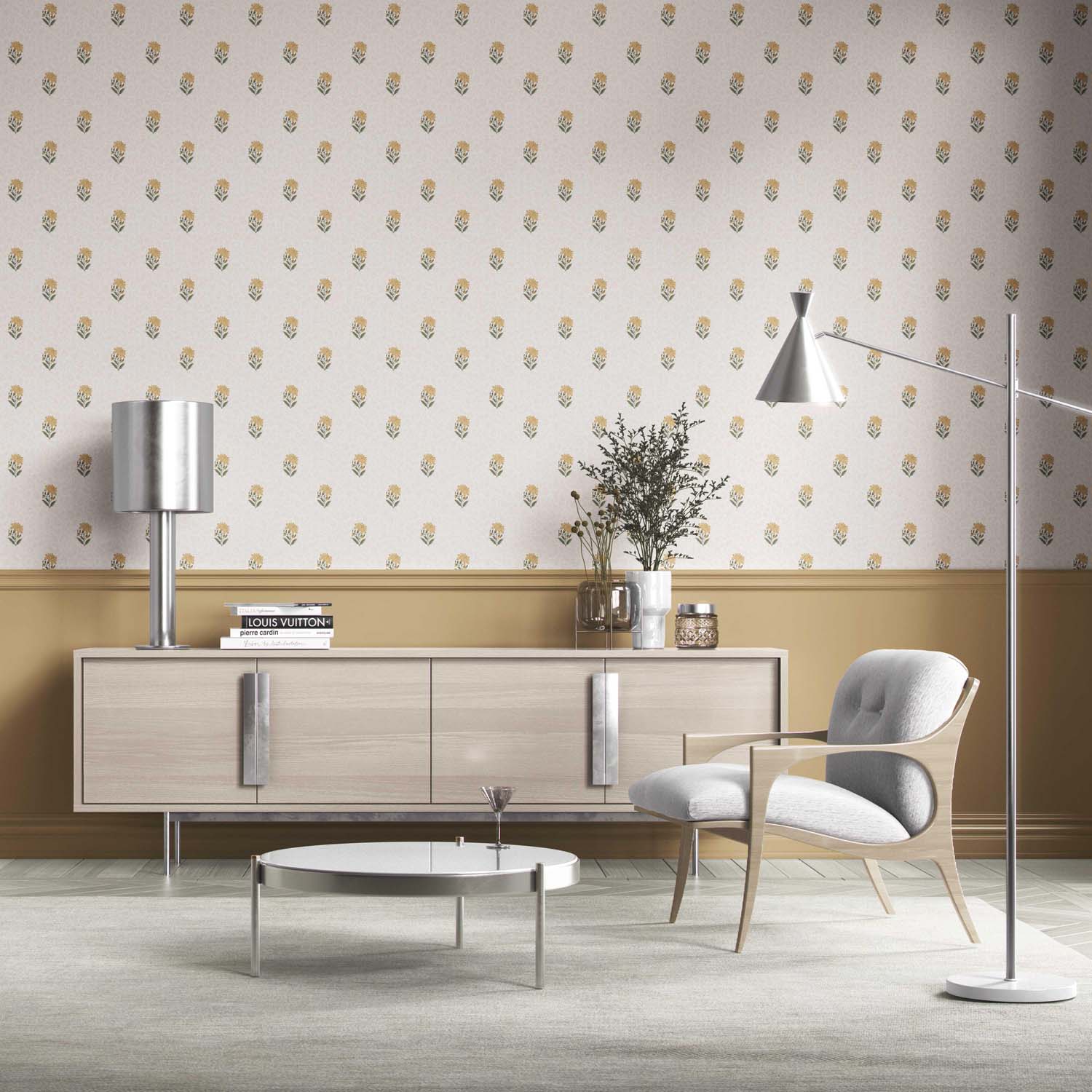 Botanical/ Floral Block Print Bathroom Wallpaper Sample (Yellow/ Green/ Taupe)