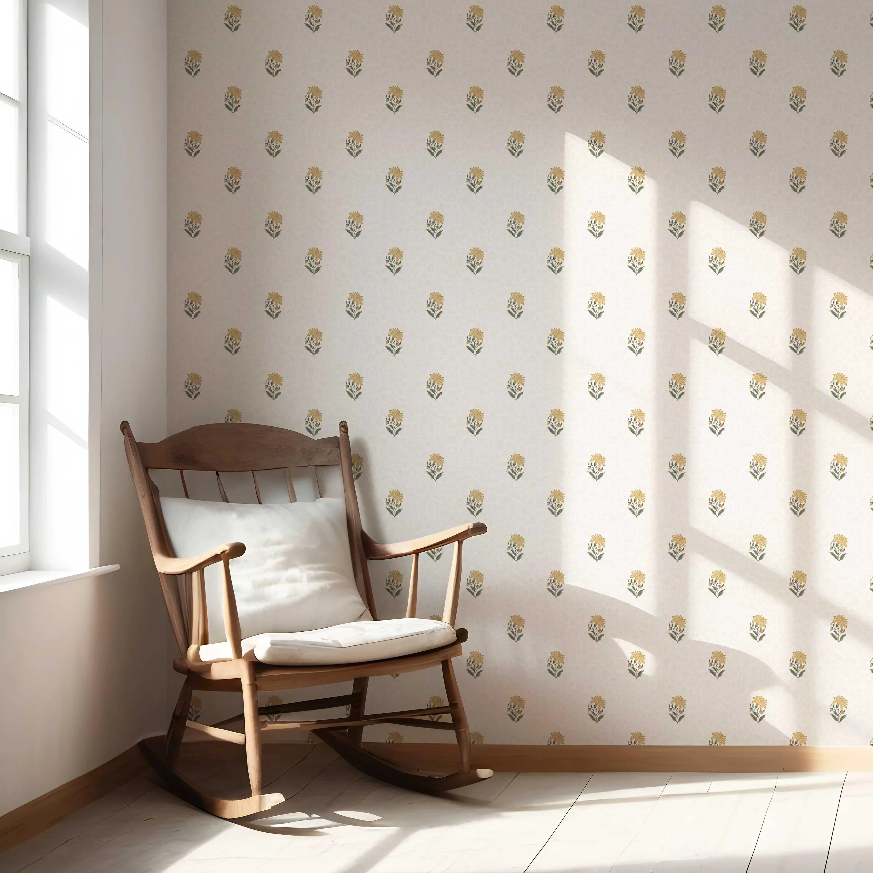 Botanical/ Floral Block Print Nursery Wallpaper Sample (Yellow/ Green/ Taupe)