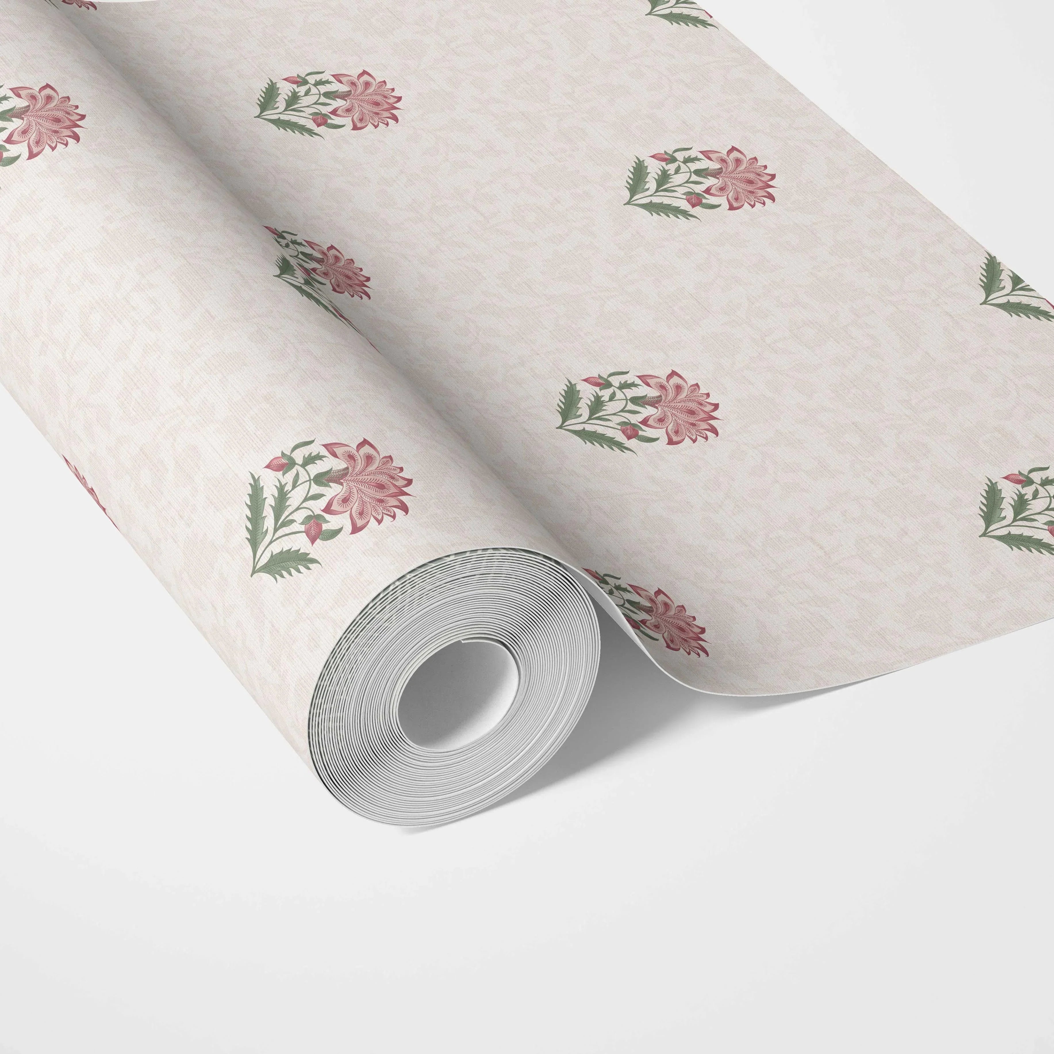 Botanical/ Floral Block Print Kitchen Wallpaper (Pink/ Green/ Taupe)