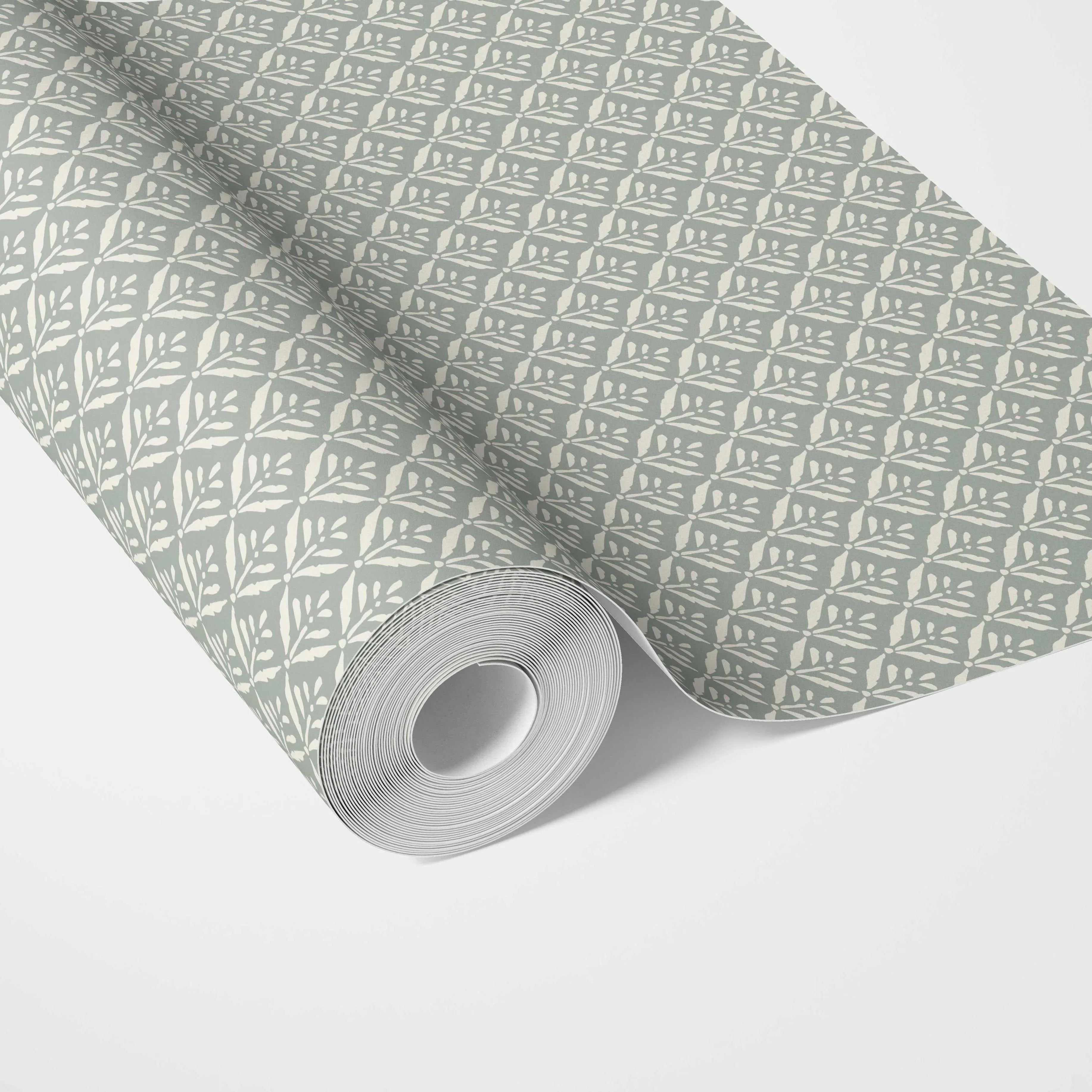 Small Floral Lattice/ Leaf Textured Traditional Wallpaper Sample (Green-Gray)