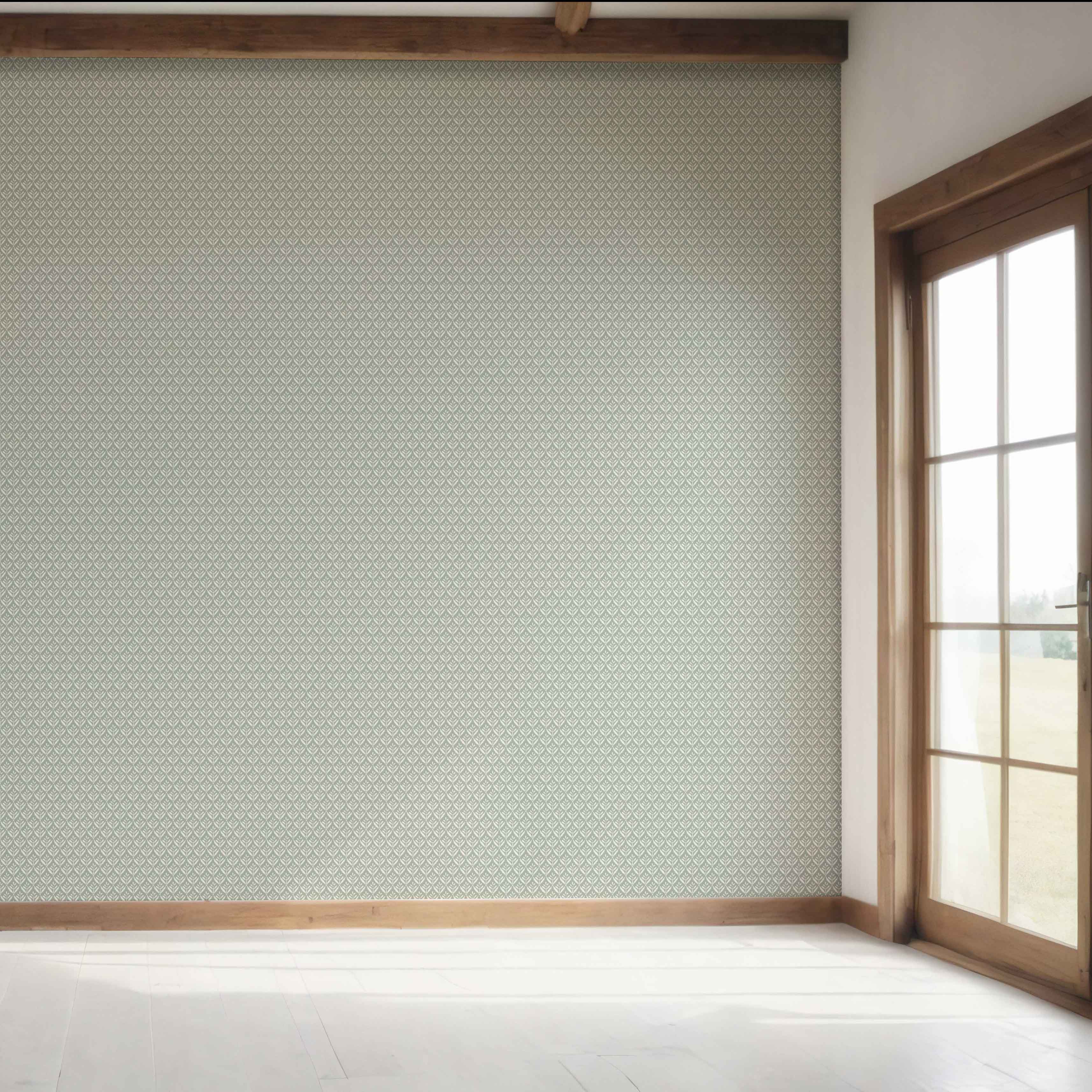 Small Floral Lattice/ Leaf Textured Bedroom Wallpaper Sample (Green-Gray)