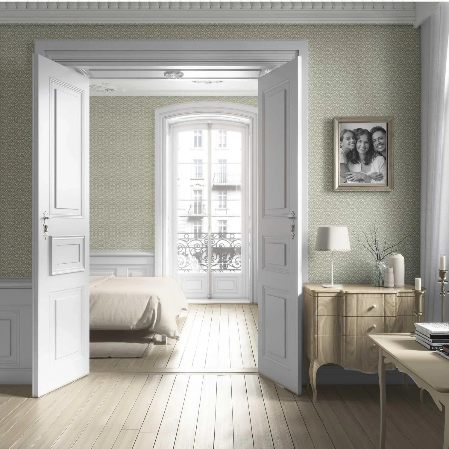 Small Floral Lattice/ Leaf Textured Living Room Wallpaper Sample (Olive Green/ Off-White)