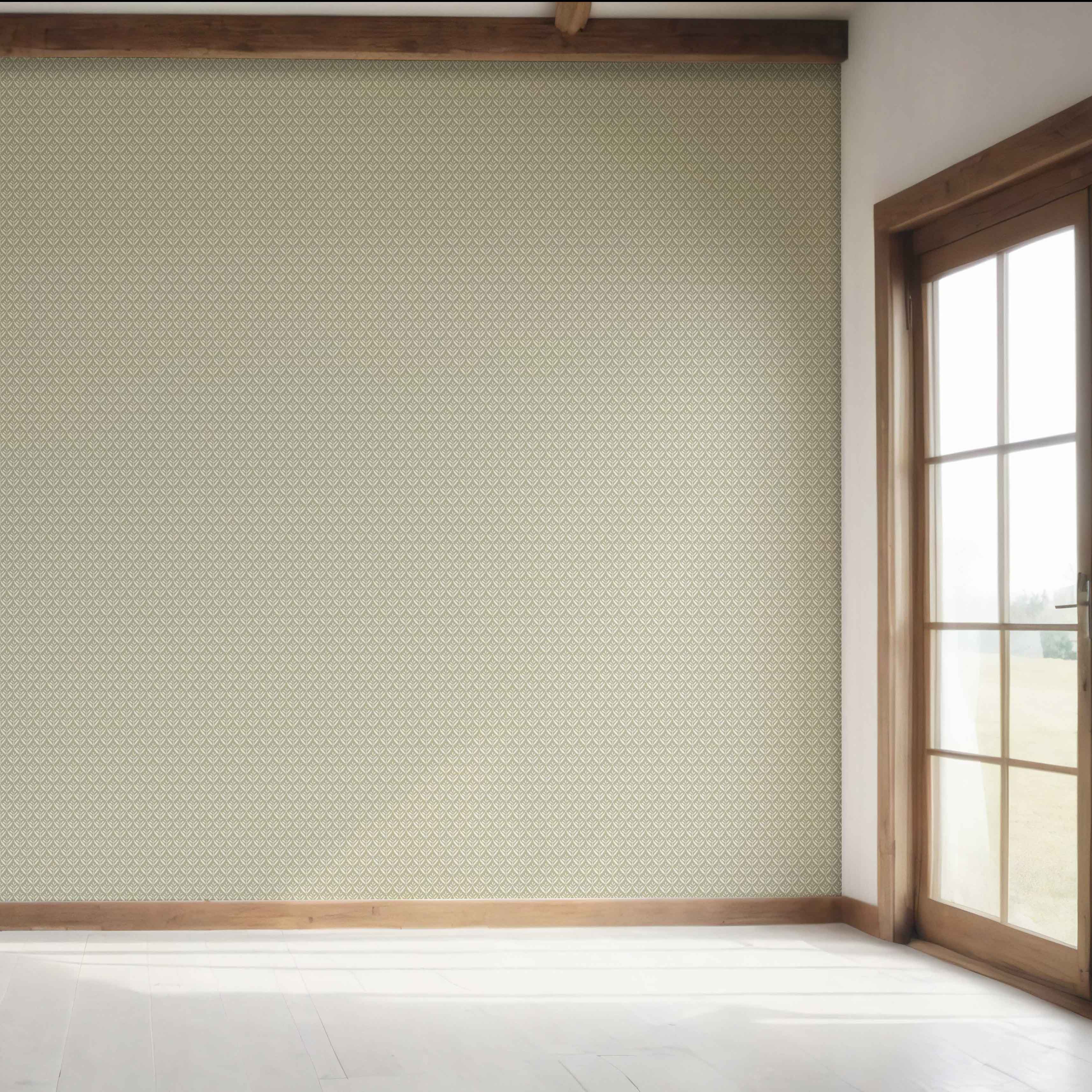 Small Floral Lattice/ Leaf Textured Bedroom Wallpaper Sample (Olive Green/ Off-White)