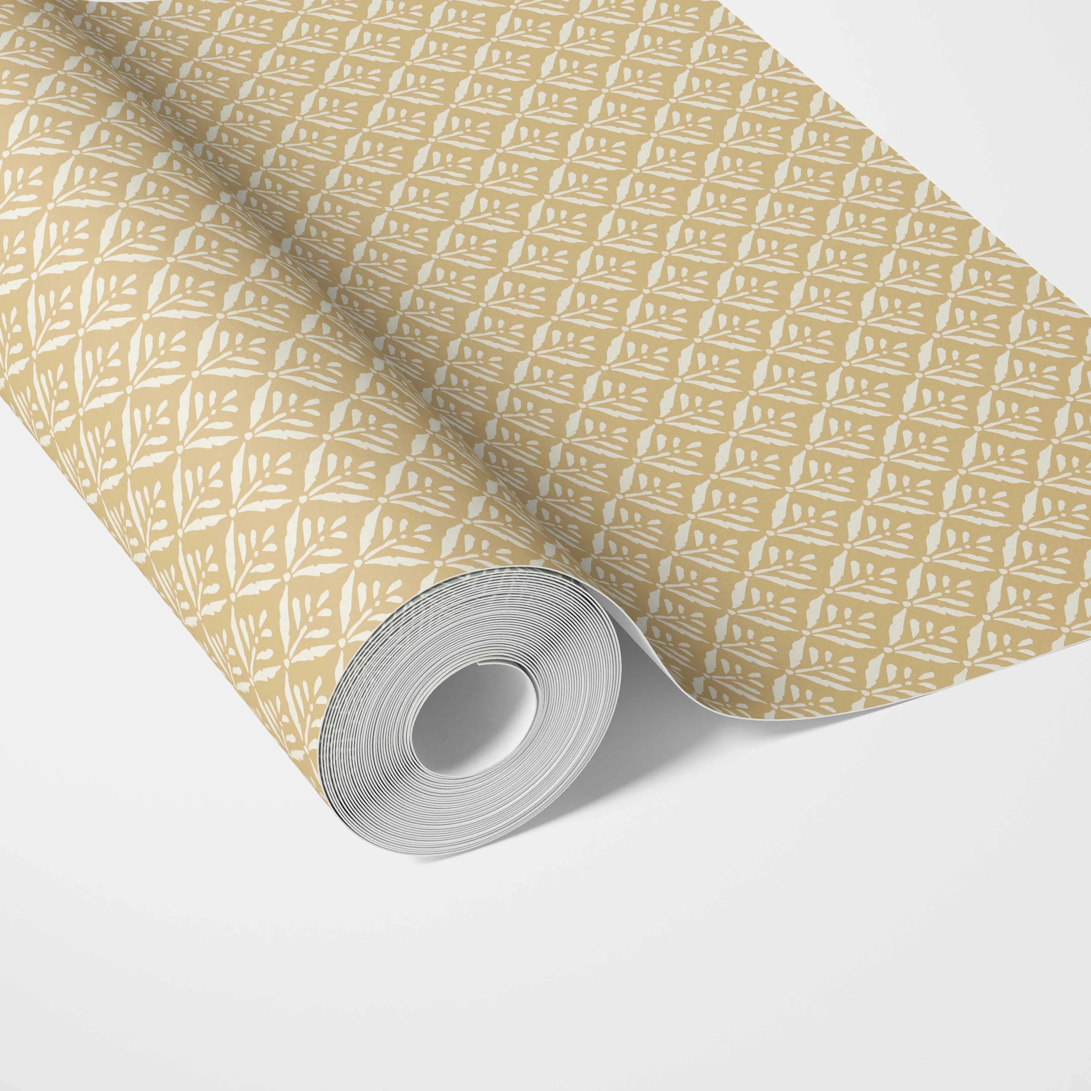 Small Floral Lattice/ Leaf Textured Traditional Wallpaper (Yellow/ Off-White)