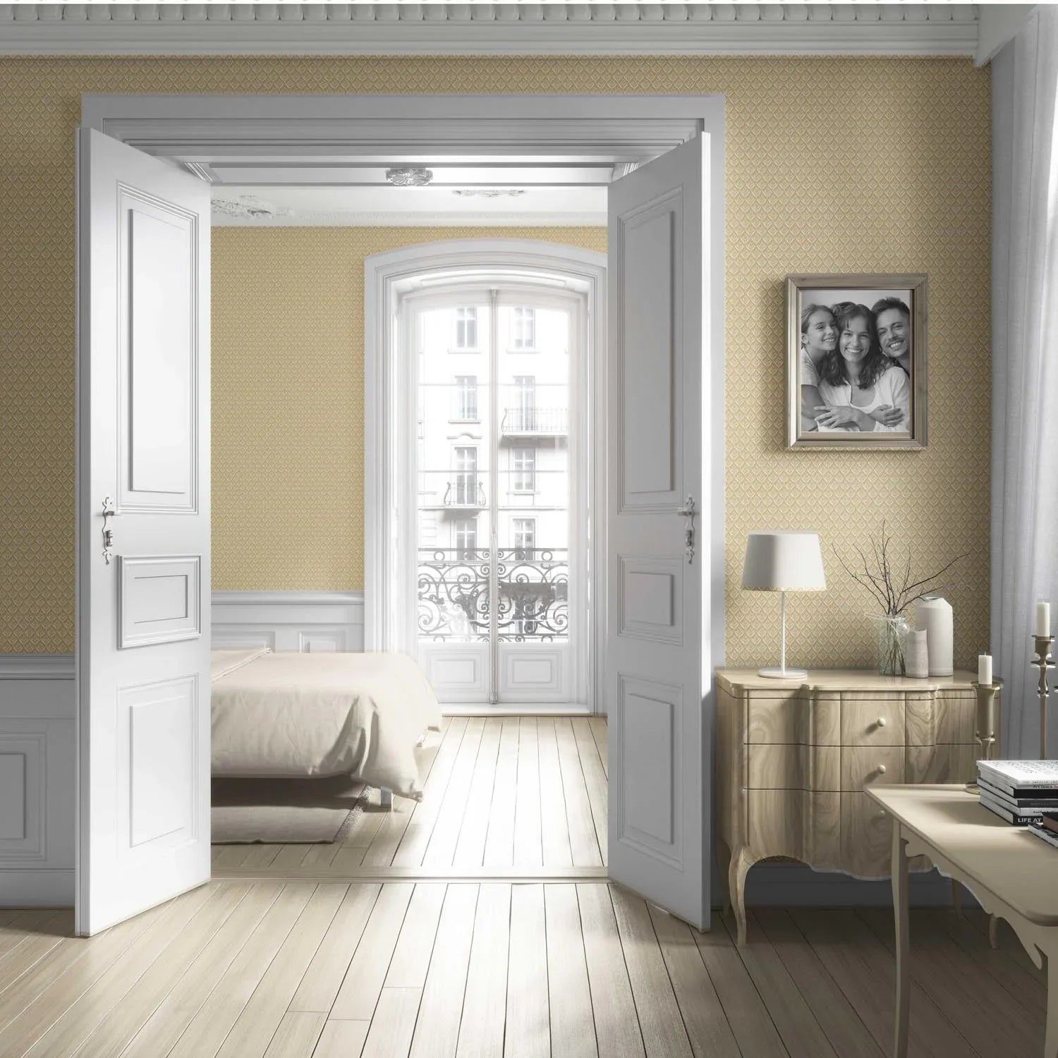 Small Floral Lattice/ Leaf Textured Living Room Wallpaper Sample (Yellow/ Off-White)