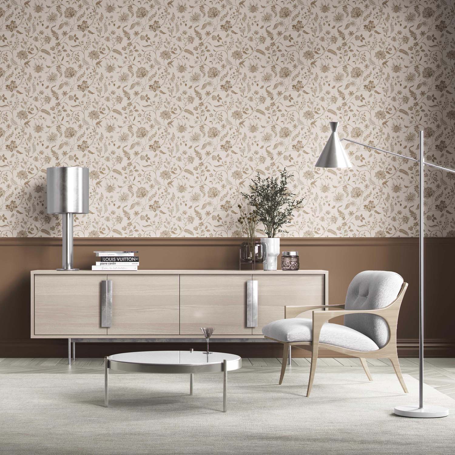 Neutral Floral/ Botanical Patterned Kitchen Wallpaper Sample (Beige/ Brown/ Soft Taupe)