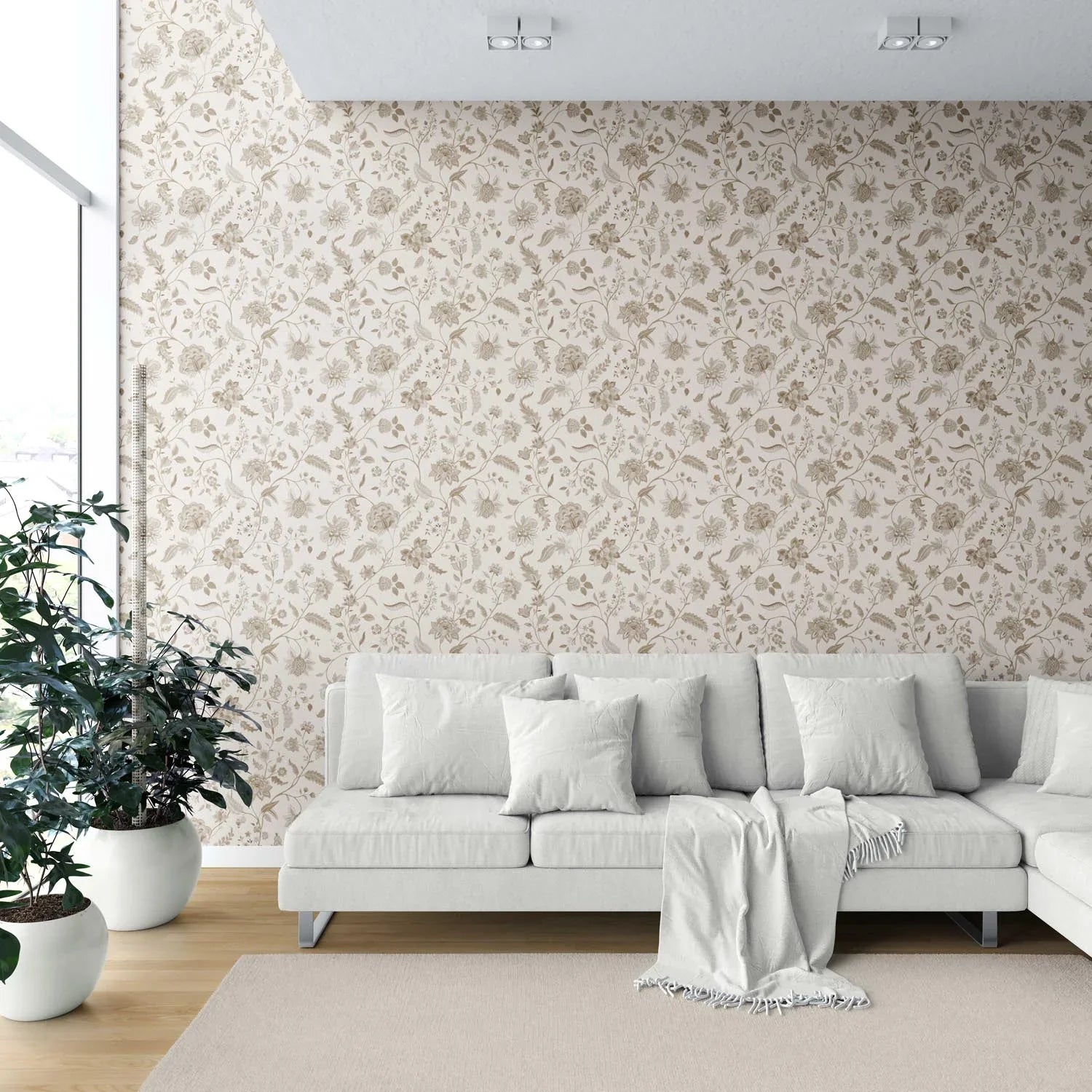 Neutral Floral/ Botanical Patterned Shower Toilet Wallpaper (Beige/ Brown/ Soft Taupe)