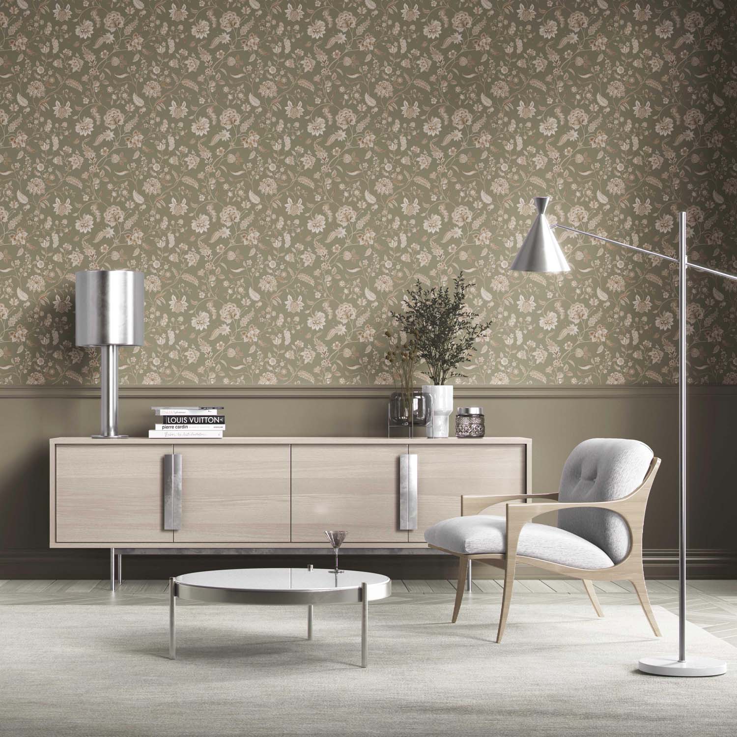 Floral/ Botanical Patterned Kitchen Wallpaper Sample (Olive Green/ Beige)