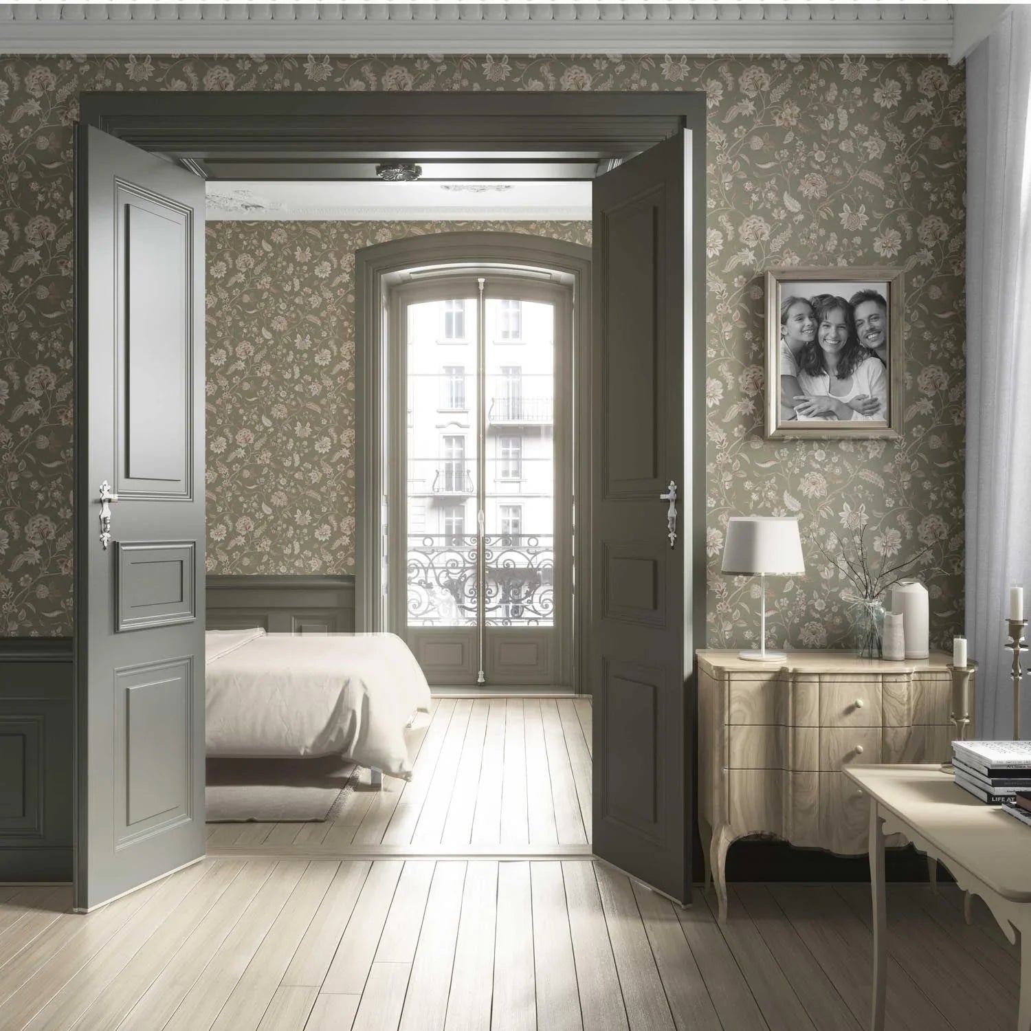 Floral/ Botanical Patterned Living Room Wallpaper Sample (Olive Green/ Beige)
