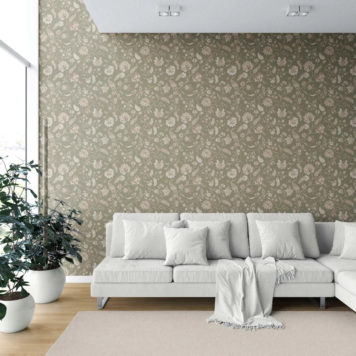 Floral/ Botanical Patterned Shower Toilet Wallpaper Sample (Olive Green/ Beige)