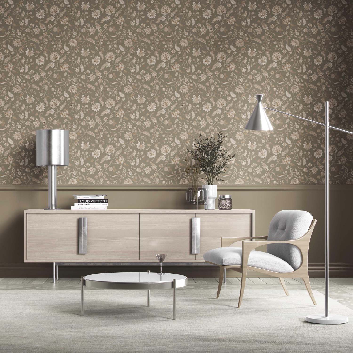 Floral/ Botanical Patterned Kitchen Wallpaper Sample (Olive Green/ Brown/ Beige)