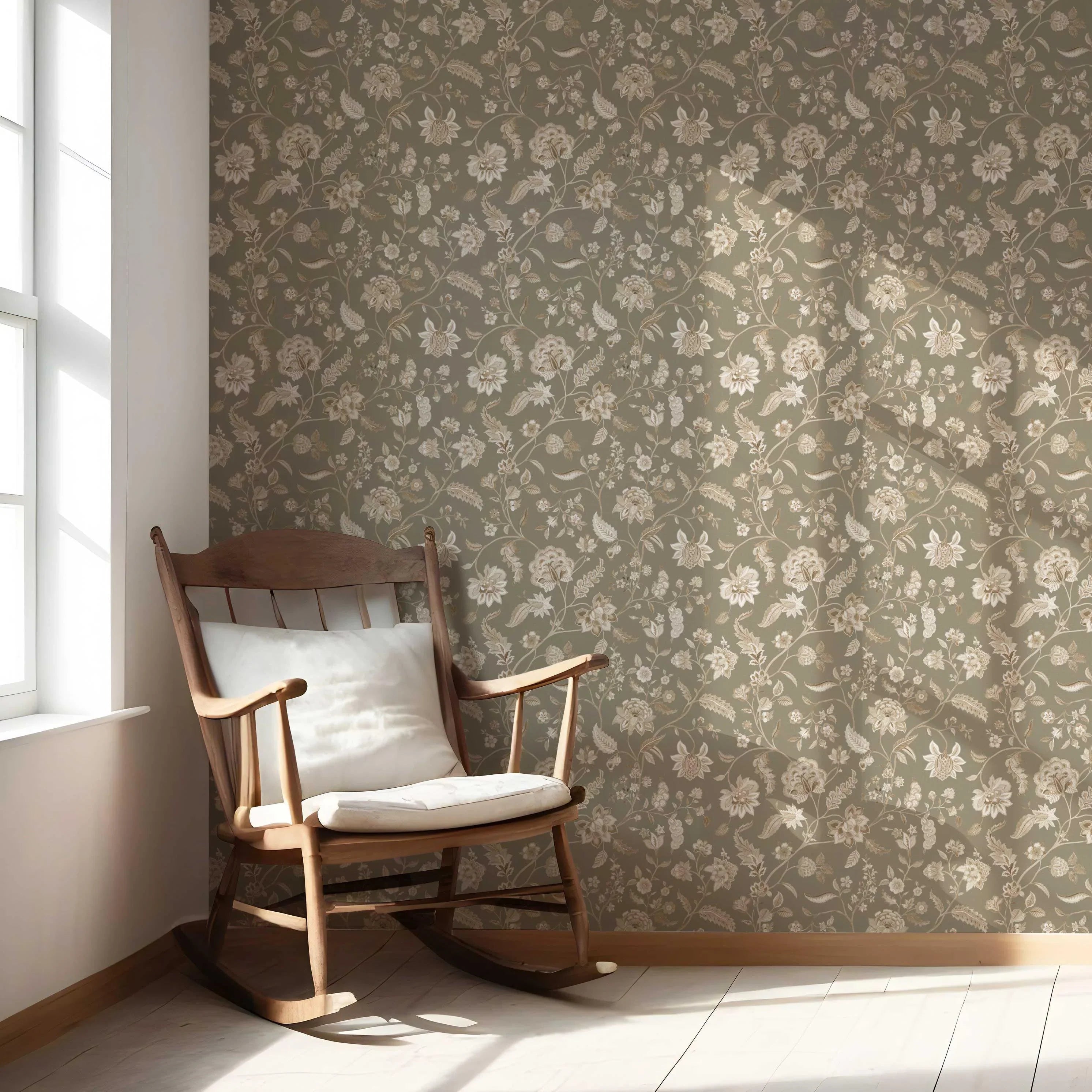 Floral/ Botanical Patterned Nursery Wallpaper Sample (Olive Green/ Brown/ Beige)