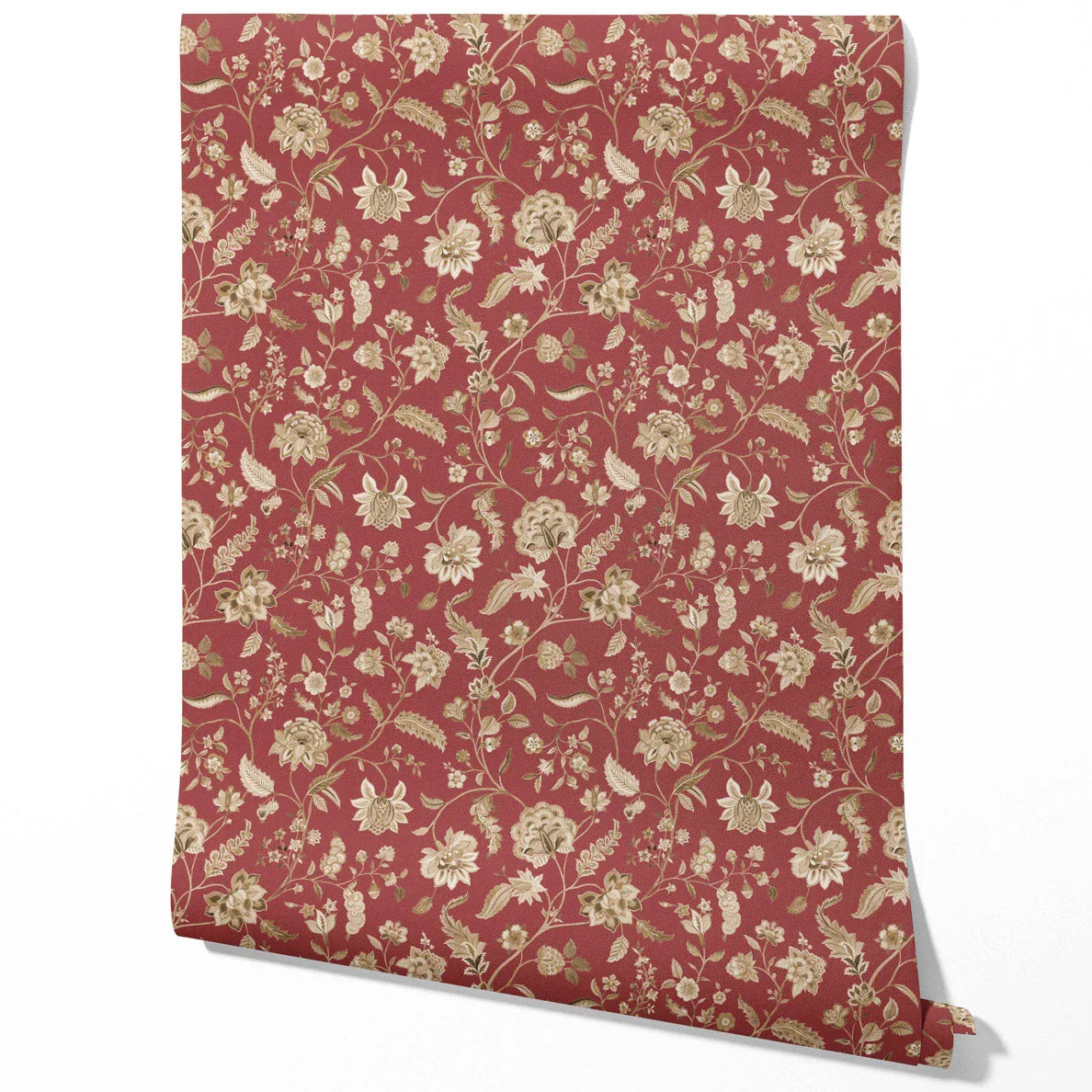 Floral/ Botanical Patterned Traditional Wallpaper Sample (Red/ Maroon/ Beige)