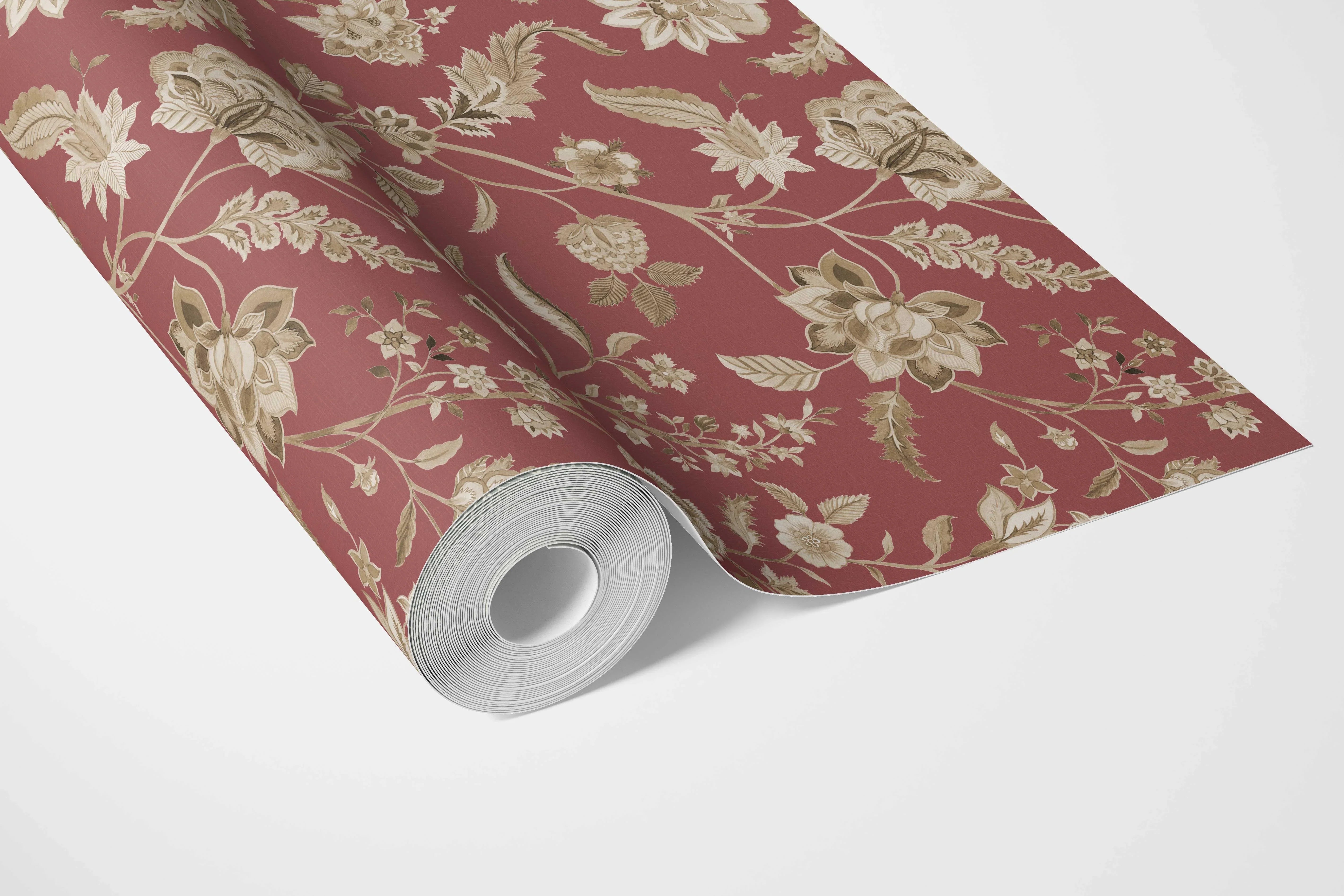 Floral/ Botanical Patterned Bathroom Wallpaper Sample (Red/ Maroon/ Beige)
