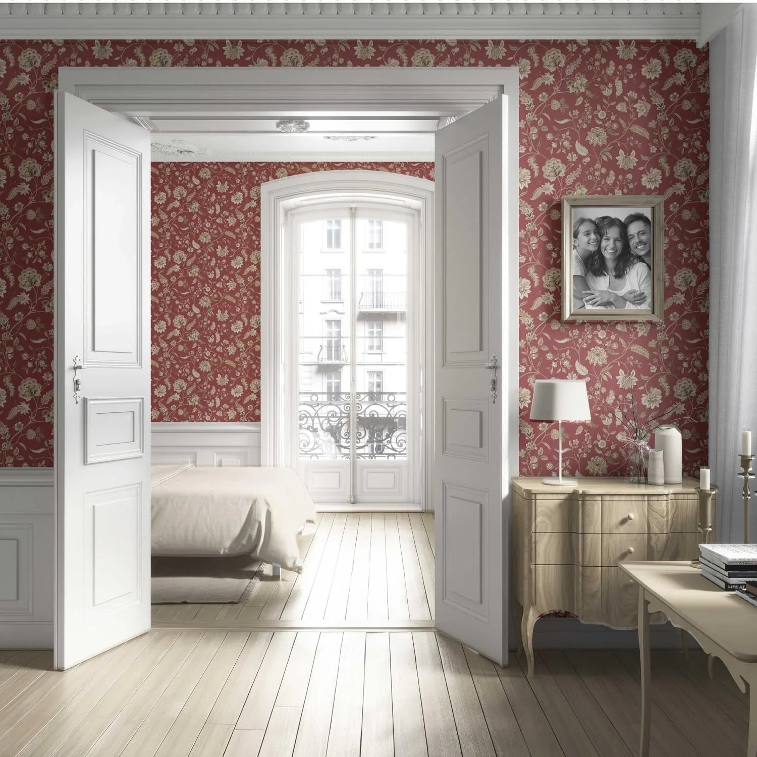 Floral/ Botanical Patterned Living Room Wallpaper Sample (Red/ Maroon/ Beige)