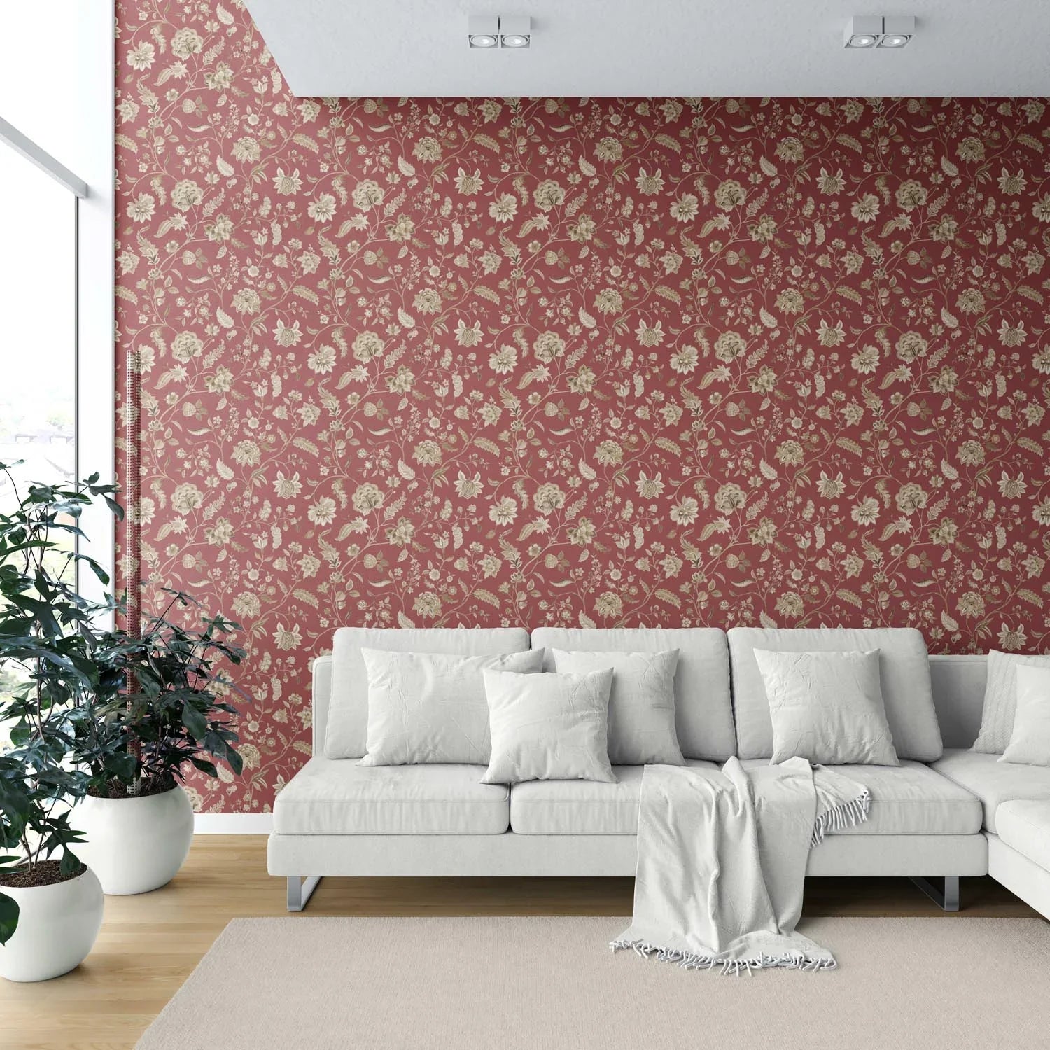 Floral/ Botanical Patterned Shower Toilet Wallpaper Sample (Red/ Maroon/ Beige)