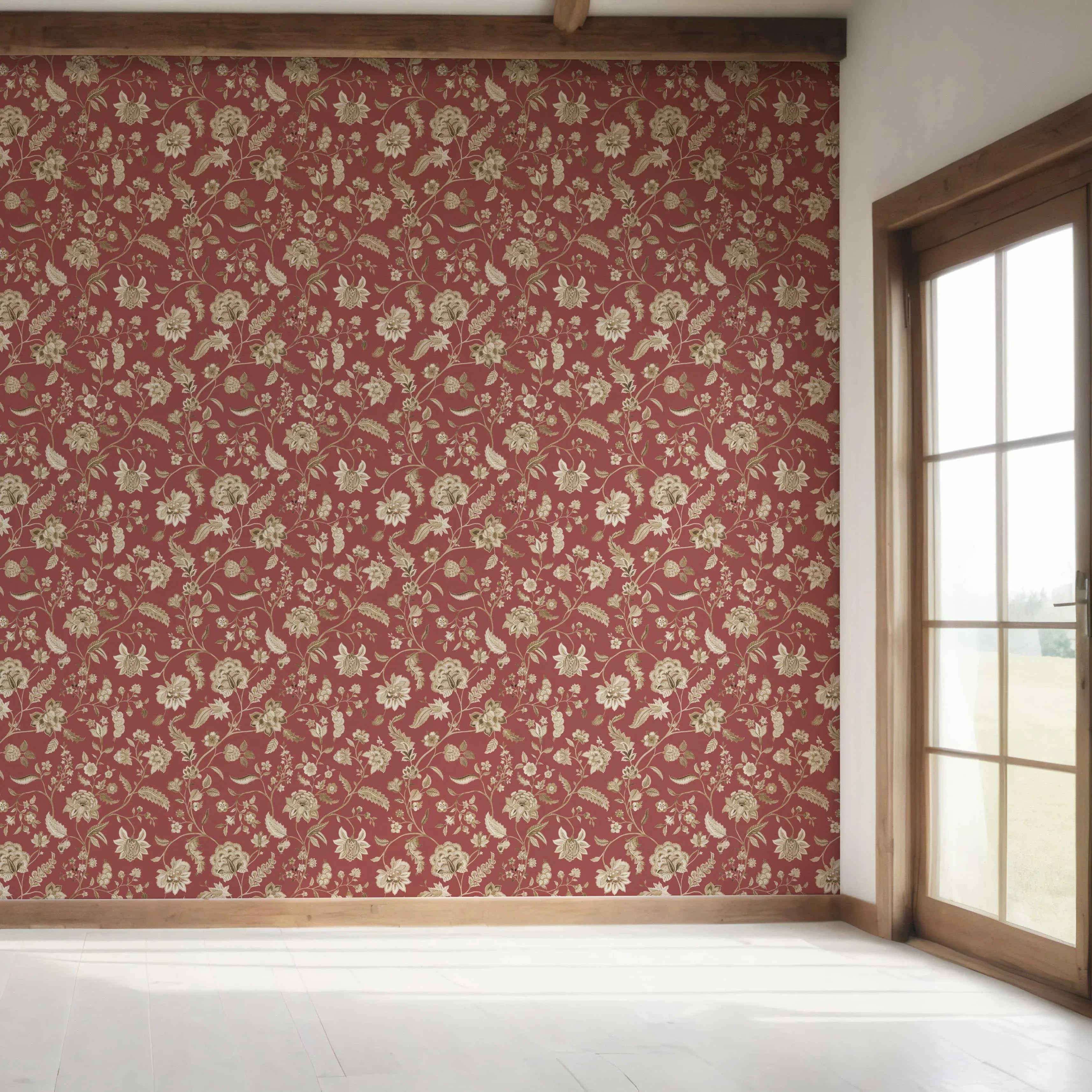 Floral/ Botanical Patterned Bedroom Wallpaper Sample (Red/ Maroon/ Beige)