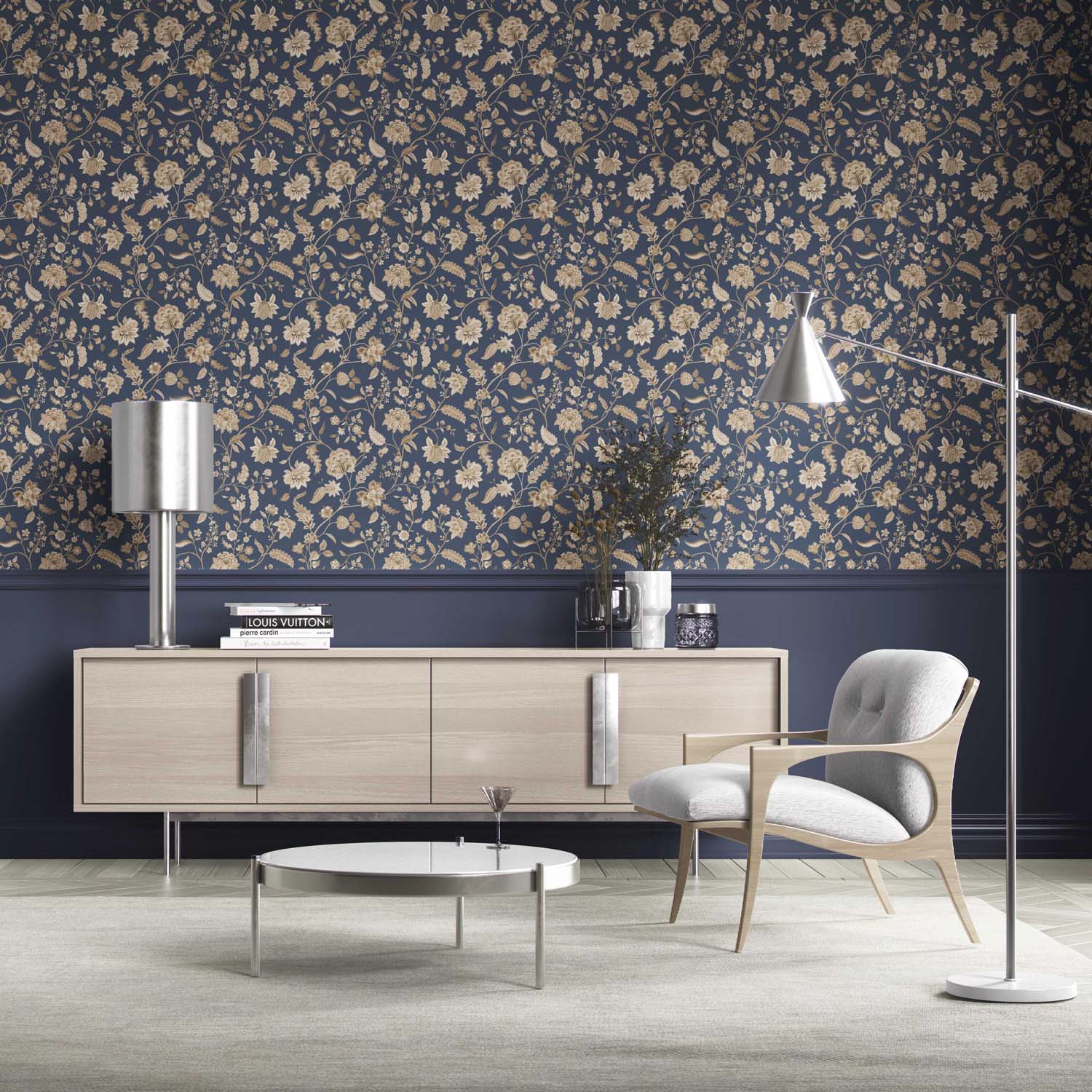 Floral/ Botanical Patterned Kitchen Wallpaper Sample (Navy Blue/ Beige)