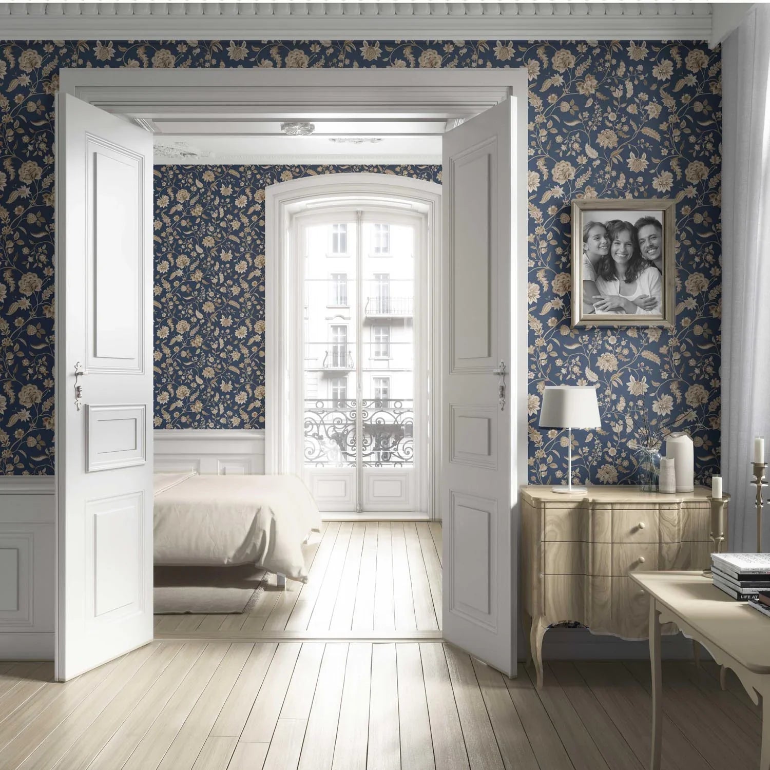 Floral/ Botanical Patterned Living Room Wallpaper Sample (Navy Blue/ Beige)