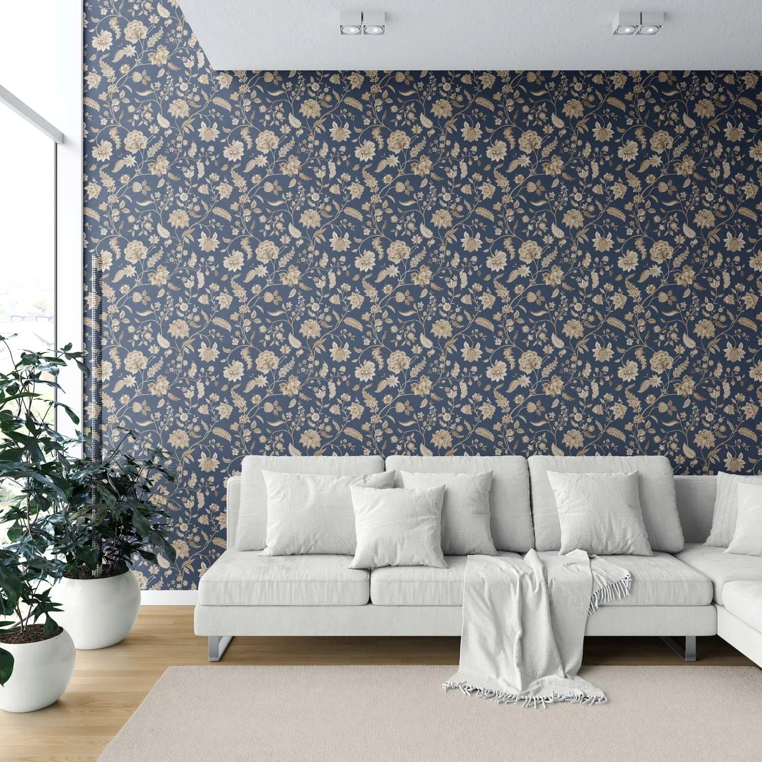 Floral/ Botanical Patterned Shower Toilet Wallpaper (Navy Blue/ Beige)