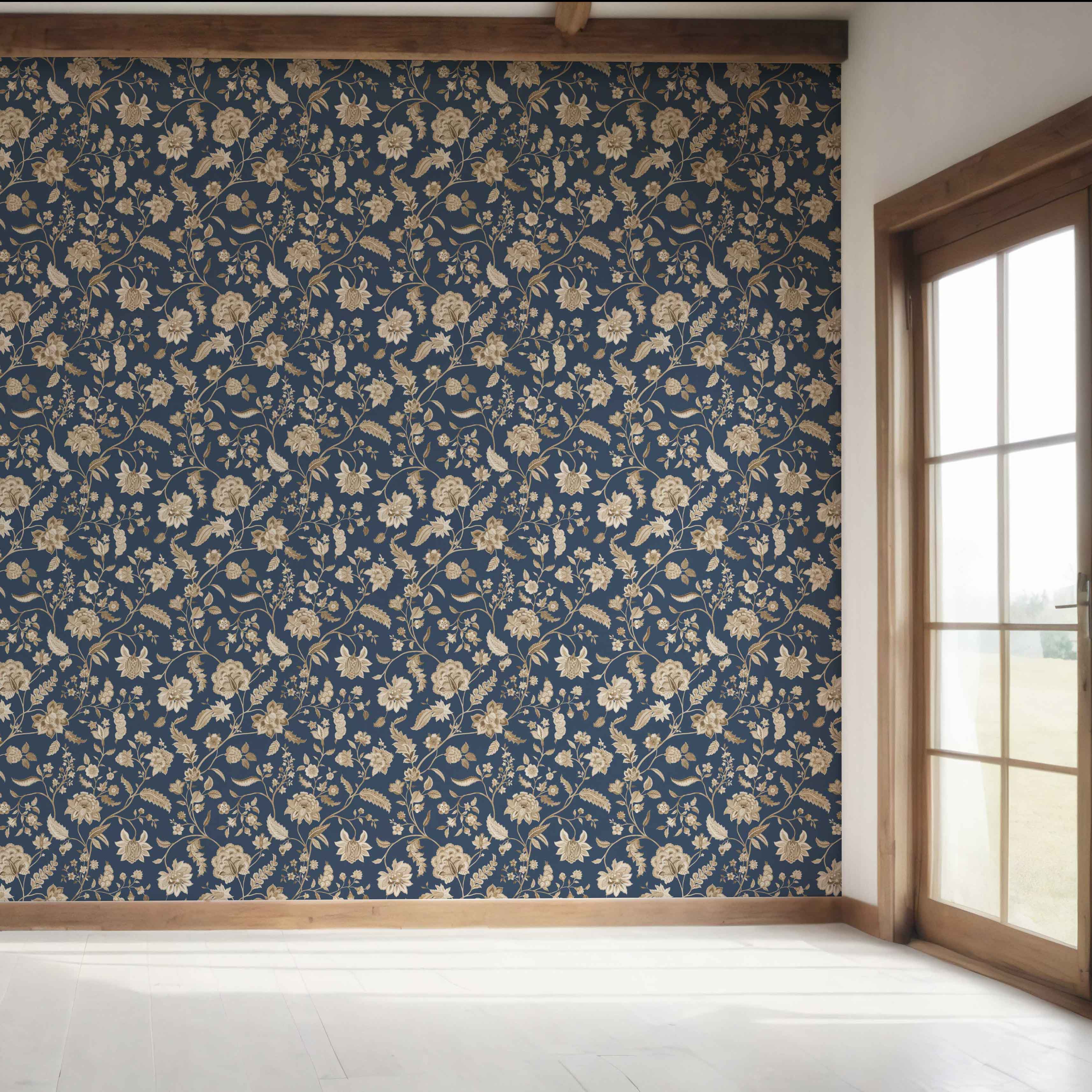 Floral/ Botanical Patterned Bedroom Wallpaper (Navy Blue/ Beige)