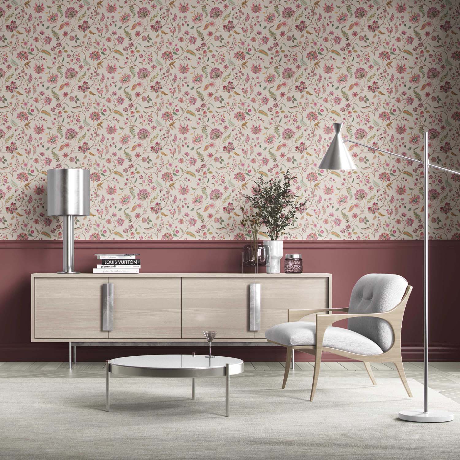 Floral/ Botanical Patterned Kitchen Wallpaper Sample (Pink/ Green/ Blue/ Taupe)
