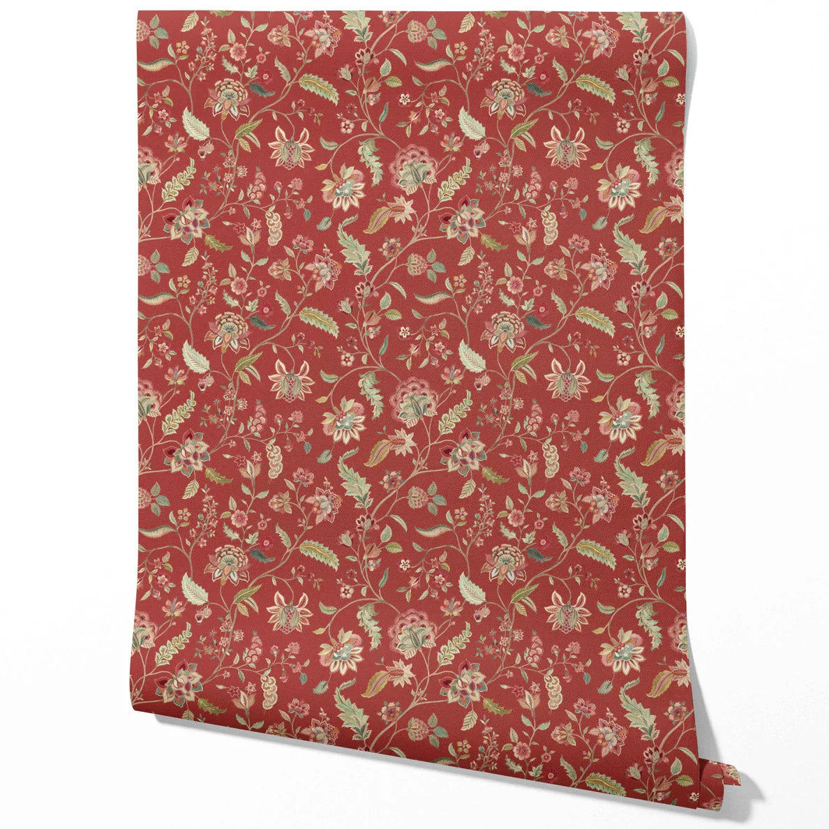 Floral/ Botanical Patterned Traditional Wallpaper Sample (Deep Red/ Green)
