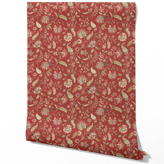 Floral/ Botanical Patterned Traditional Wallpaper Sample (Deep Red/ Green)