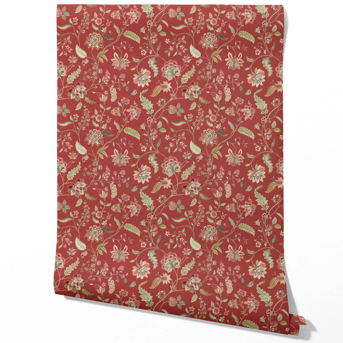 Floral/ Botanical Patterned Traditional Wallpaper (Deep Red/ Green)