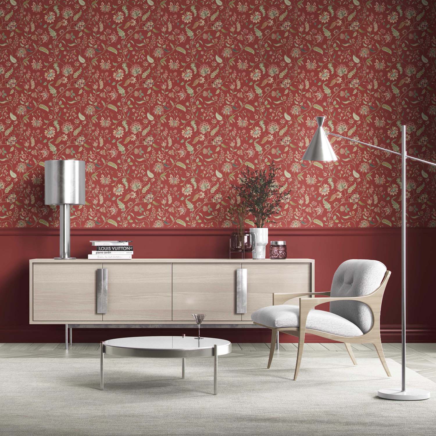 Floral/ Botanical Patterned Kitchen Wallpaper Sample (Deep Red/ Green)