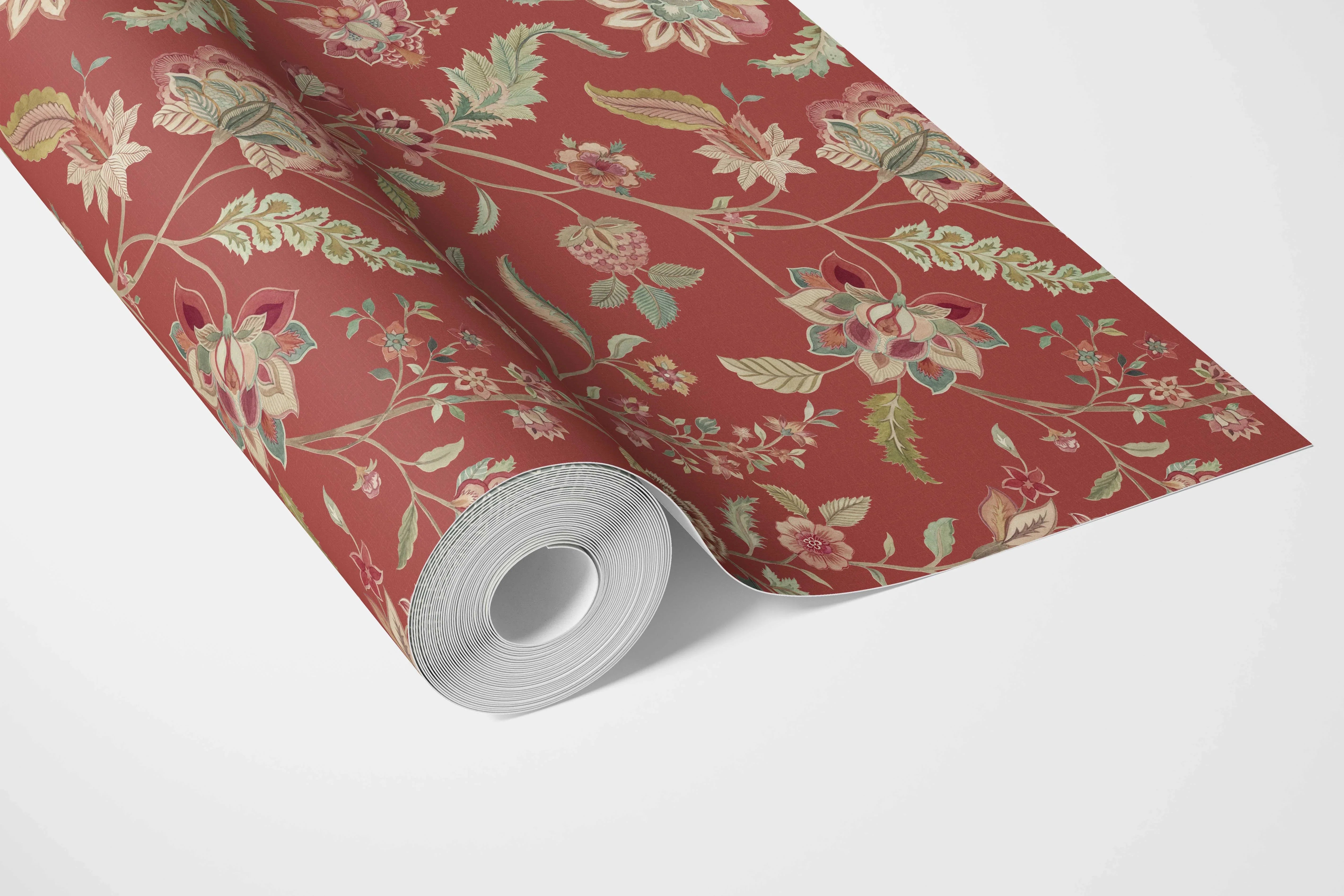 Floral/ Botanical Patterned Bathroom Wallpaper Sample (Deep Red/ Green)
