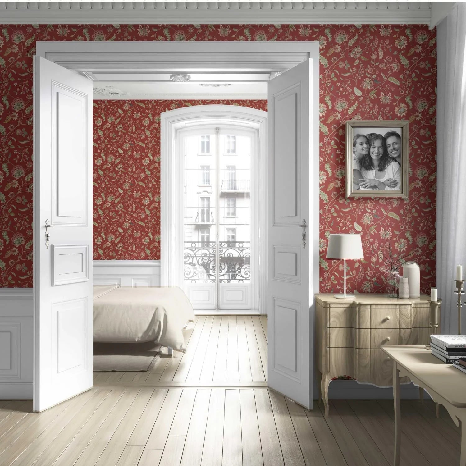 Floral/ Botanical Patterned Living Room Wallpaper (Deep Red/ Green)