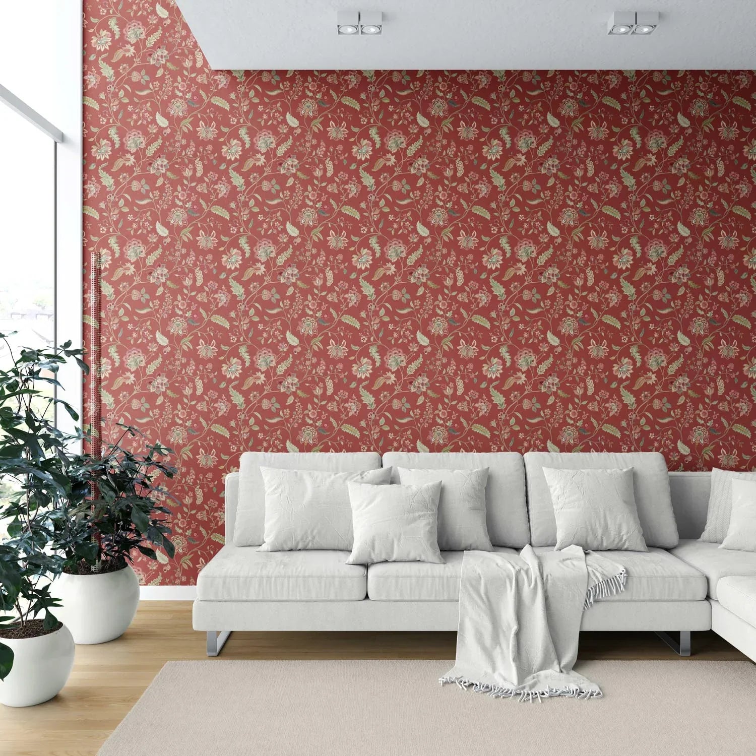 Floral/ Botanical Patterned Shower Toilet Wallpaper Sample (Deep Red/ Green)