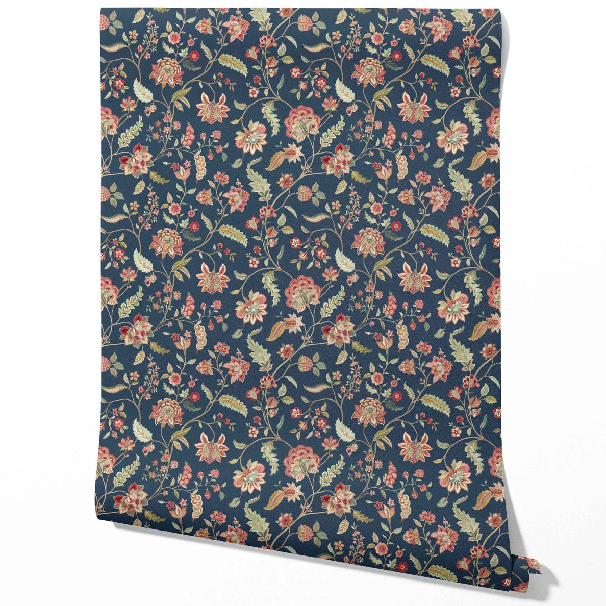 Floral/ Botanical Patterned Traditional Wallpaper Sample (Navy Blue/ Red/ Pink/ Green)